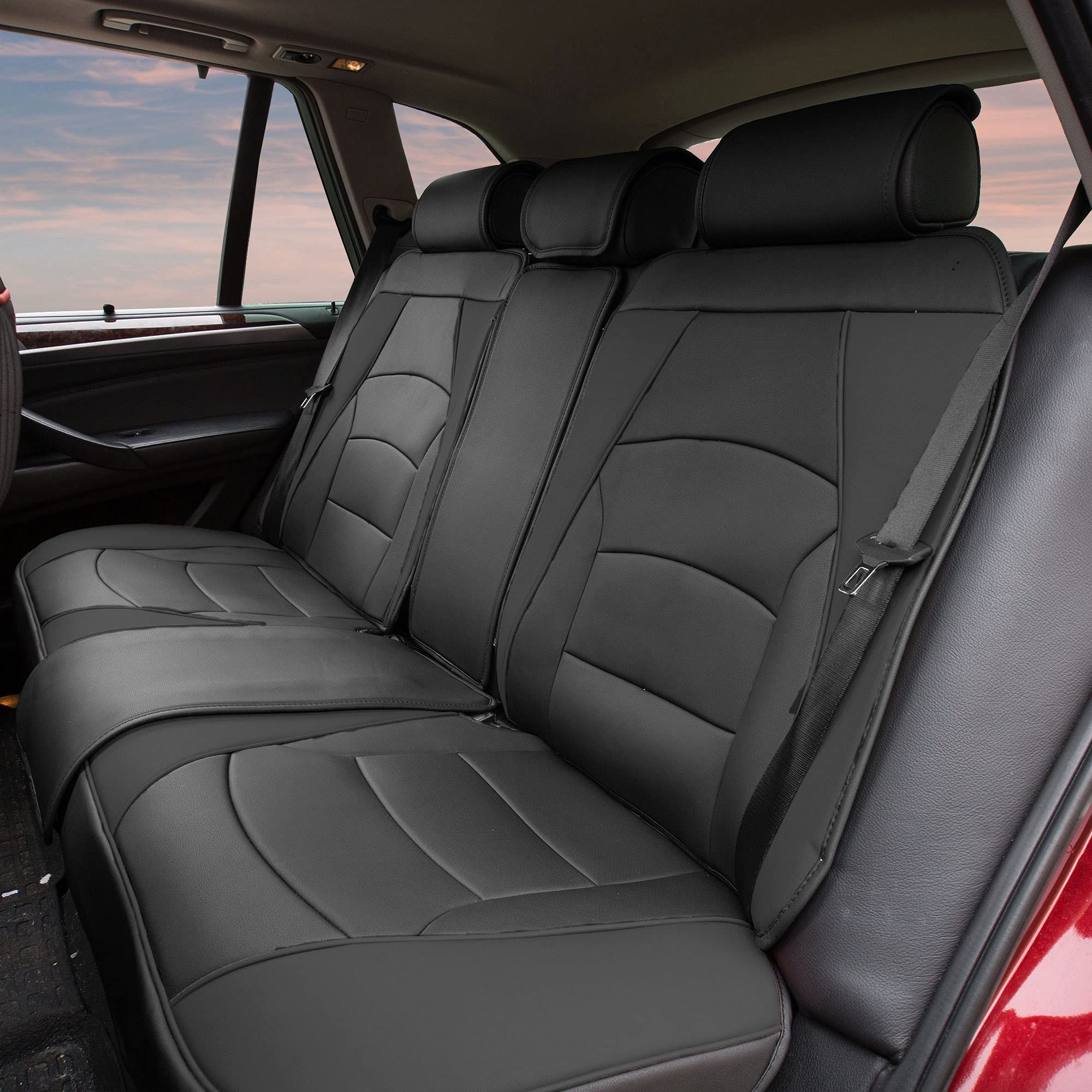 TLH Ultra Comfort Leatherette Solid Black Car Seat Cushions Set with Non-Slip Dash Mat - Universal Fit for Cars, Trucks & SUVs - Waterproof Faux Leather Seat Covers for Driving Comfort & Long Trips