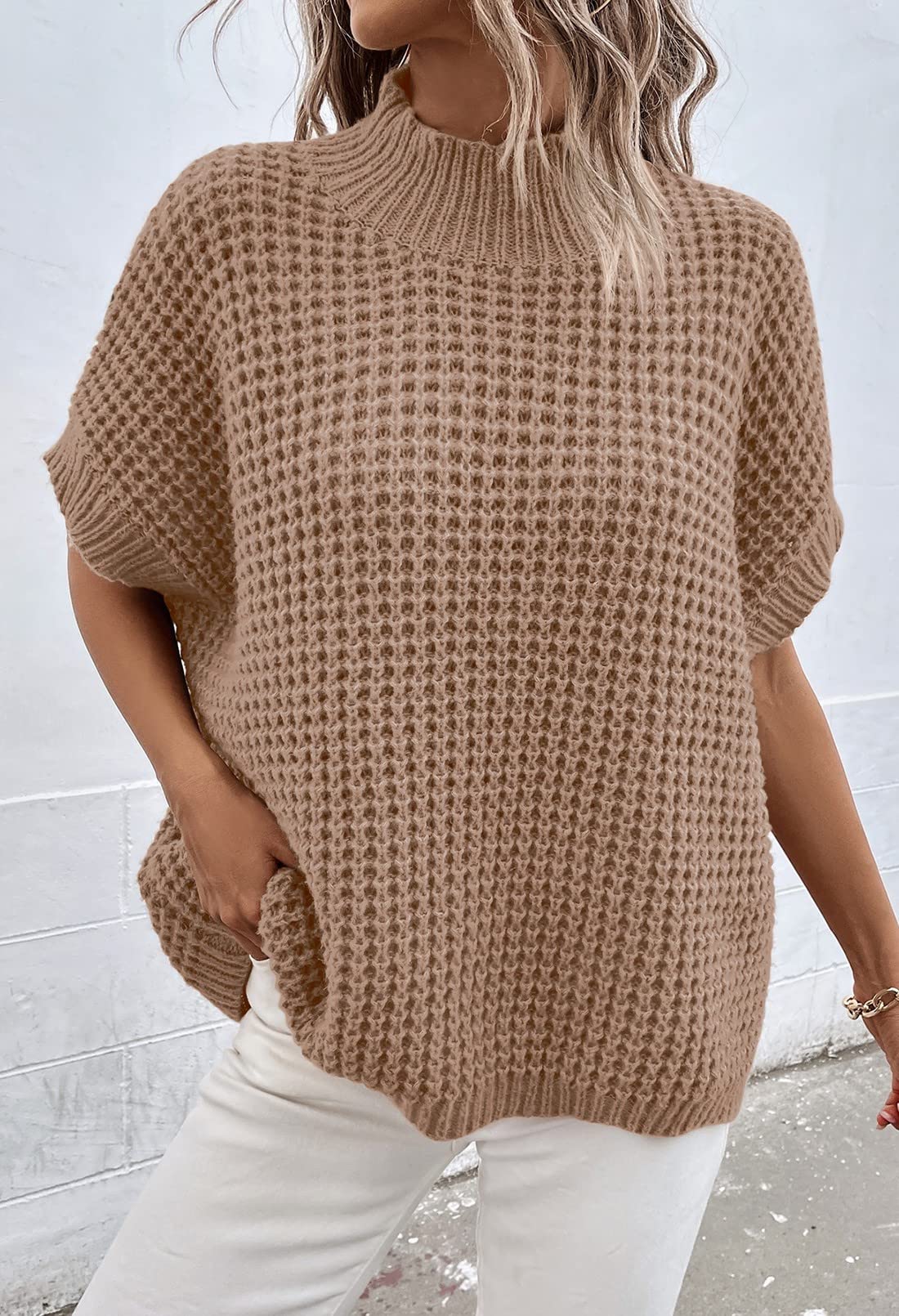 Viottiset Women's Oversized Short Batwing Sleeve Mock Neck Sweater Vest - Fall Sleeveless Pullover Knit Top for Casual Outfits, Layering & Office Wear