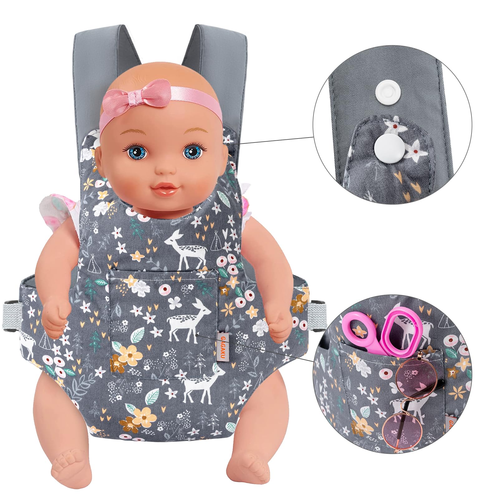 GAGAKU Adjustable Baby Doll Carrier for Kids - Soft Stuffed Animal Toy Sling with Comfortable Straps, Grey Deer Design | Perfect for Pretend Play, Role-Playing & Parenting Simulation