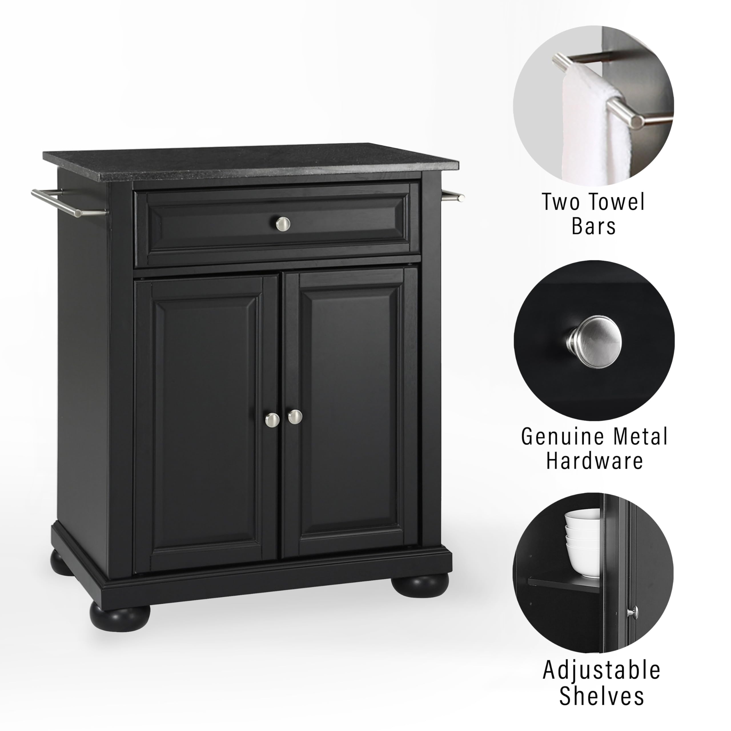 Crosley Alexandria Granite Top Portable Rolling Kitchen Island Cart - Microwave Stand with Storage, Black | Perfect for Small Kitchens, Apartments & Dorm Rooms