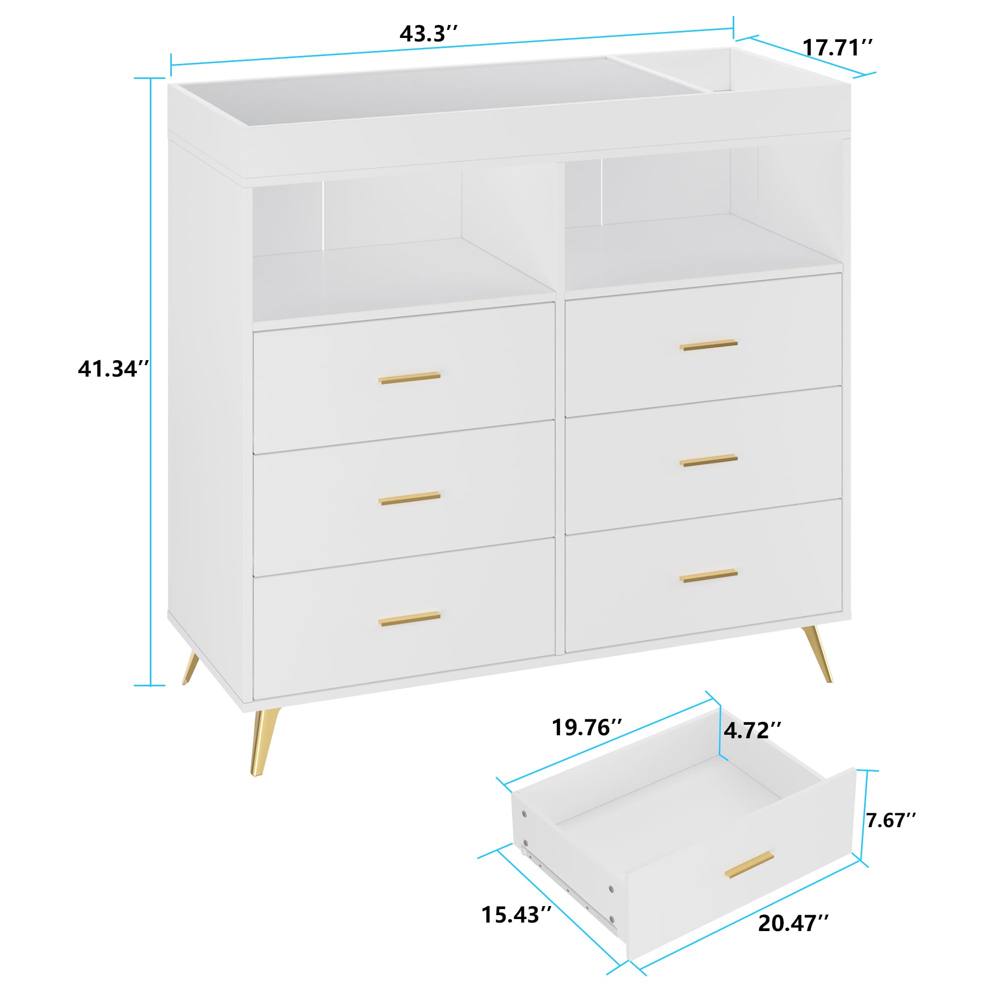 Baby Changing Table Dresser with LED Lights & Power Outlet - 6 Storage Drawers Nursery Organizer for Infants & Newborn - White Changing Station for Diapers, Clothes & Baby Essentials - Perfect for Nursery, Bedroom & Baby Shower Gifts