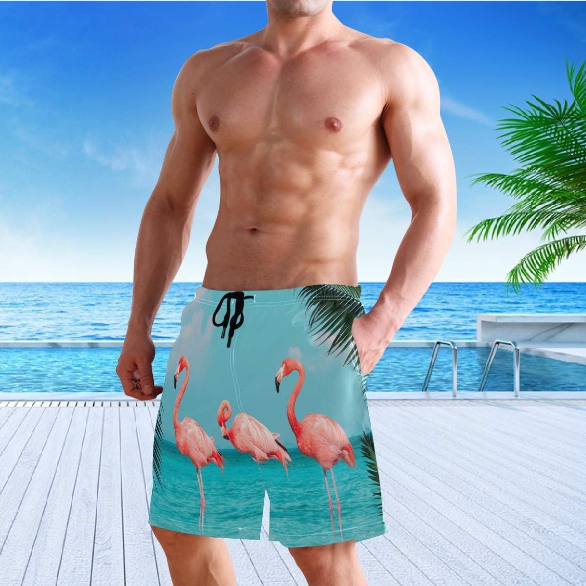 Visesunny Men's Quick-Dry Swim Trunks - Pink Flamingo & Blue Sea Print, Mesh Lining for Comfort, Perfect for Beach, Pool, Running & Water Sports