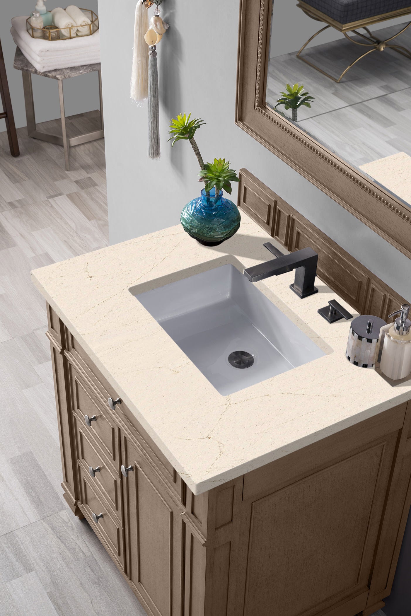 Bristol 30 Inch Single Bathroom Vanity Set with Whitewashed Walnut Finish & 3CM Eternal Marfil Quartz Countertop - Perfect for Modern Farmhouse, Coastal, or Transitional Bathroom Designs