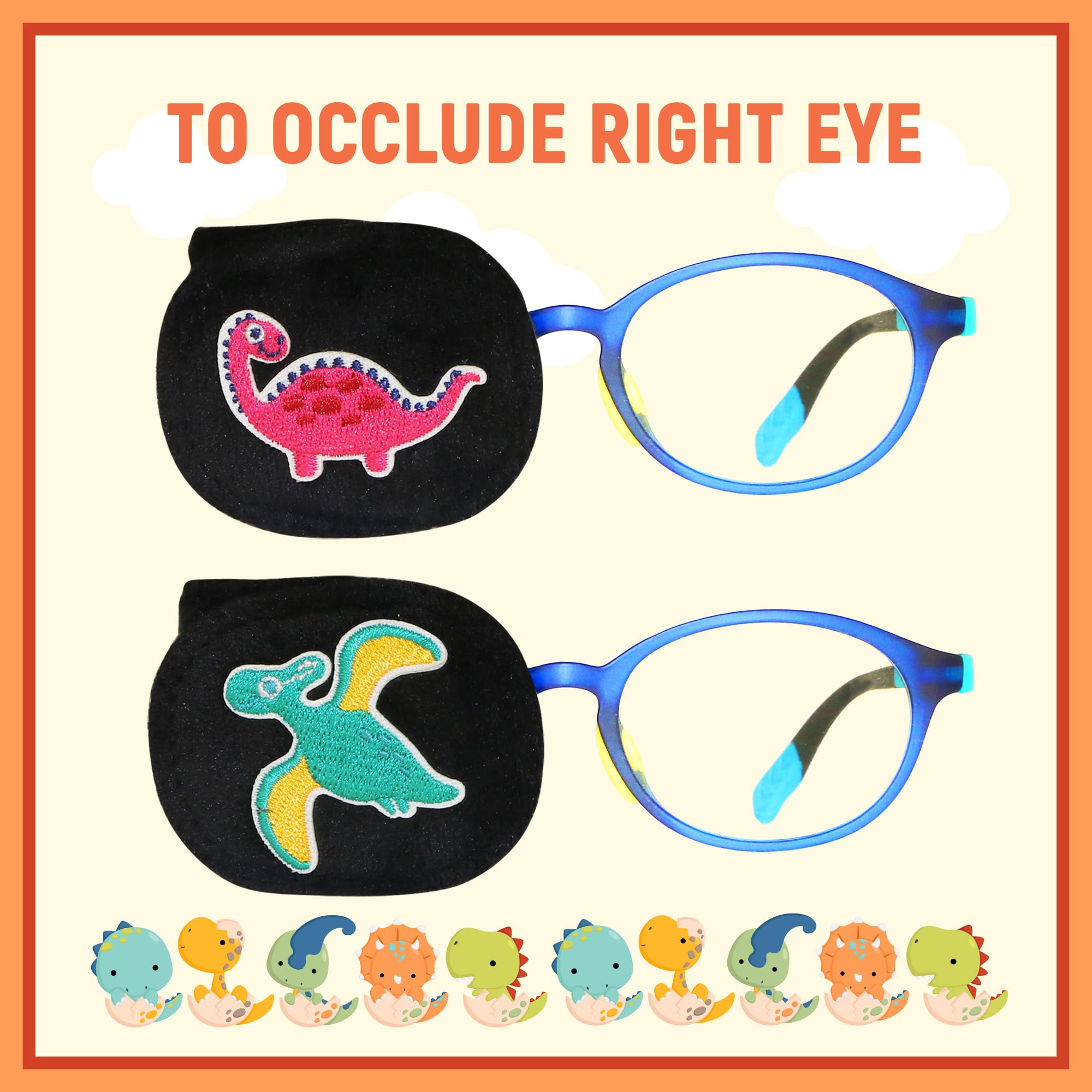 2Pcs Kids Dinosaur Eye Patches for Glasses - Medical Amblyopia & Lazy Eye Treatment for Toddlers & Children (Right Eye) - Perfect for Post-Surgery, Vision Therapy & Daily Wear