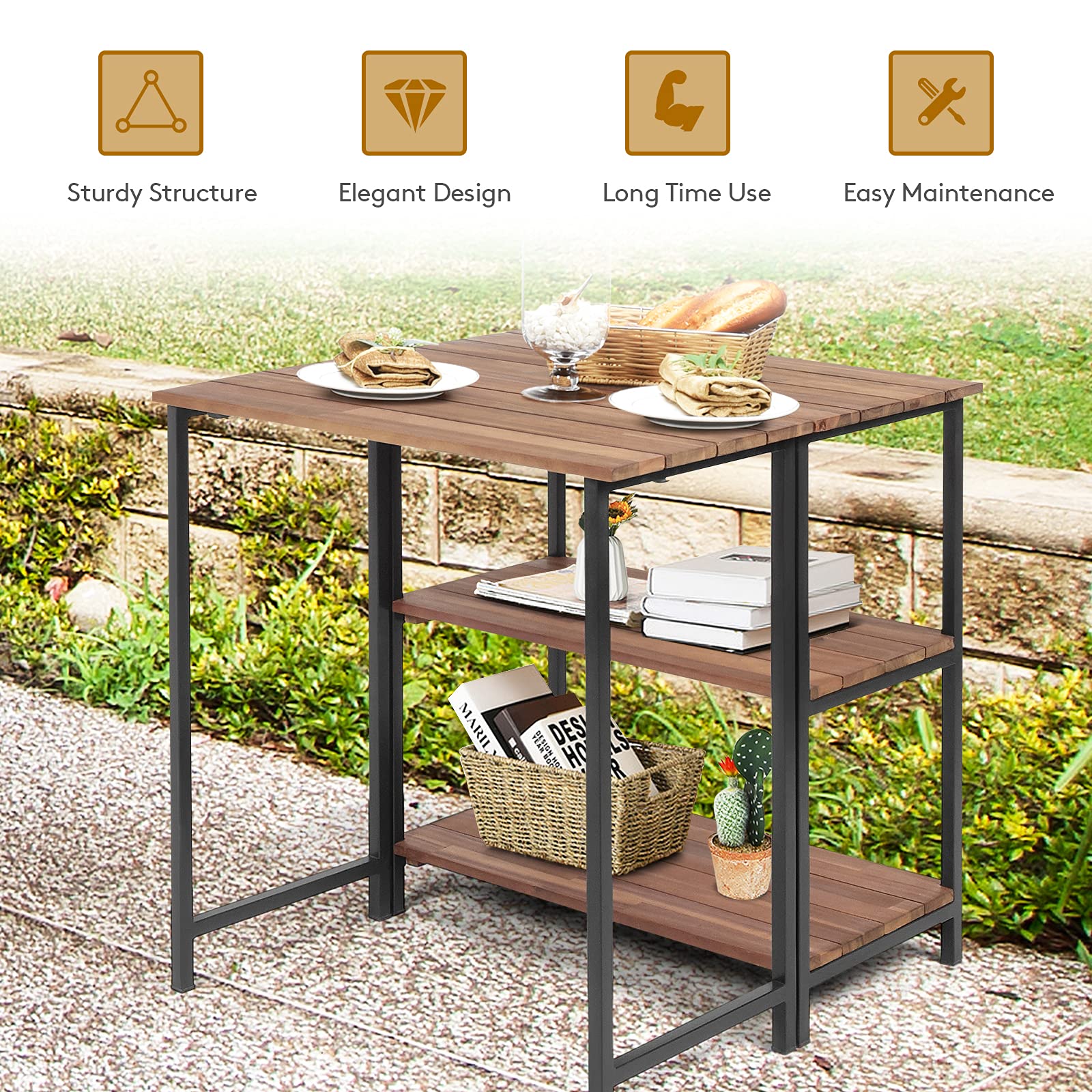 HAPPYGRILL Folding Kitchen Table - Microwave Stand with 2 Storage Shelves, Sturdy Steel Frame & Acacia Wood Top - Perfect for Small Spaces, Baking, Cooking & Kitchen Organization