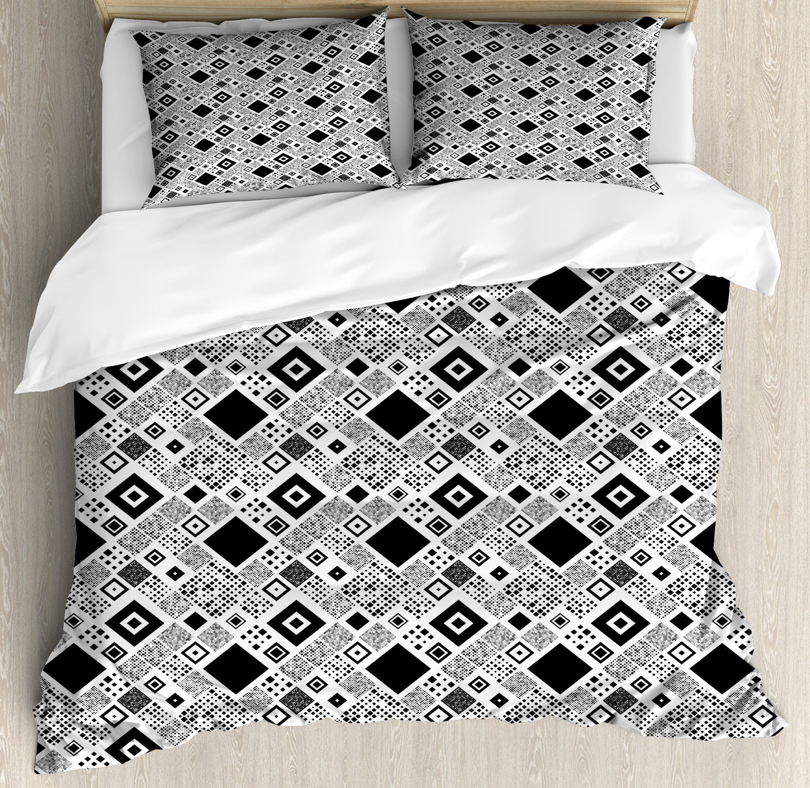 Ambesonne Black and White Duvet Cover Set - Modern Geometric Diagonal Pattern with Varied Squares, 3-Piece King Size Bedding Set with 2 Pillow Shams | Contemporary Home Decor for Master Bedroom, Guest Room & Dorm