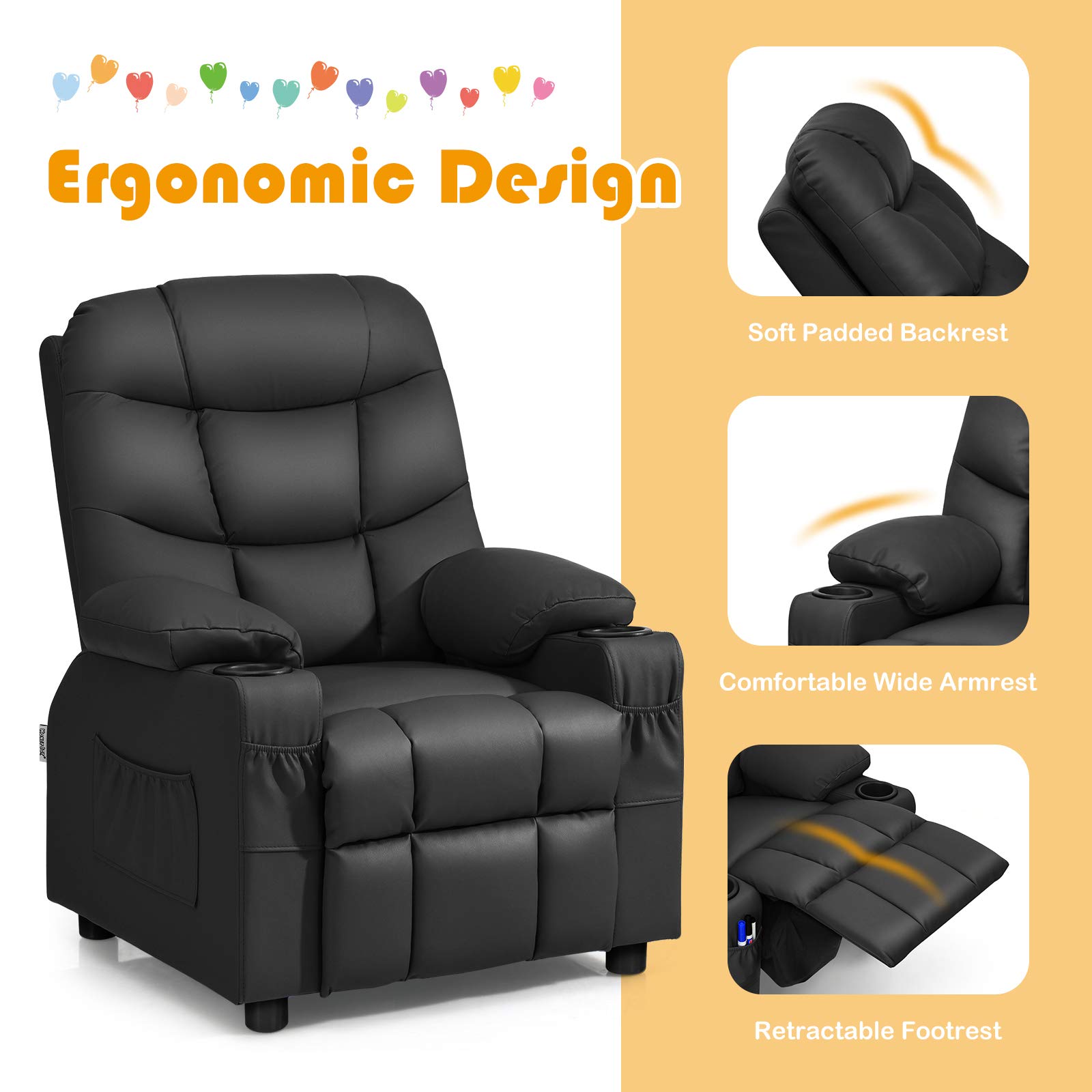 MAT EXPERT Kids Recliner - Adjustable Leather Gaming & Reading Chair for Boys & Girls with 2 Cup Holders, 3 Side Pockets & Footrest - Toddler Lounge Chair for Playroom, Nursery or Kids Bedroom (Black) - Perfect for Relaxing, Gaming, Reading & Watching TV