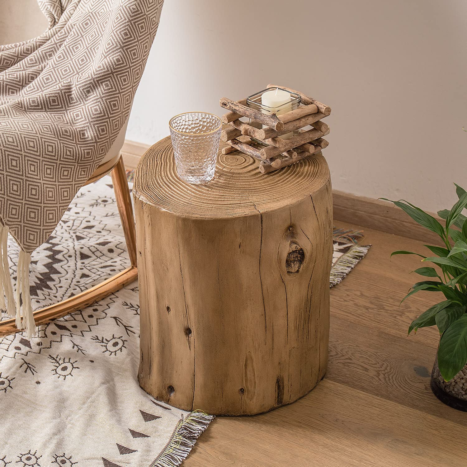 Set of 2 Light Oak Faux Wood Outdoor End Tables - Hand-Painted Wood Stump Stools, Ottomans & Plant Stands for Deck, Garden & Patio Furniture | Perfect for Outdoor Entertaining & Relaxation