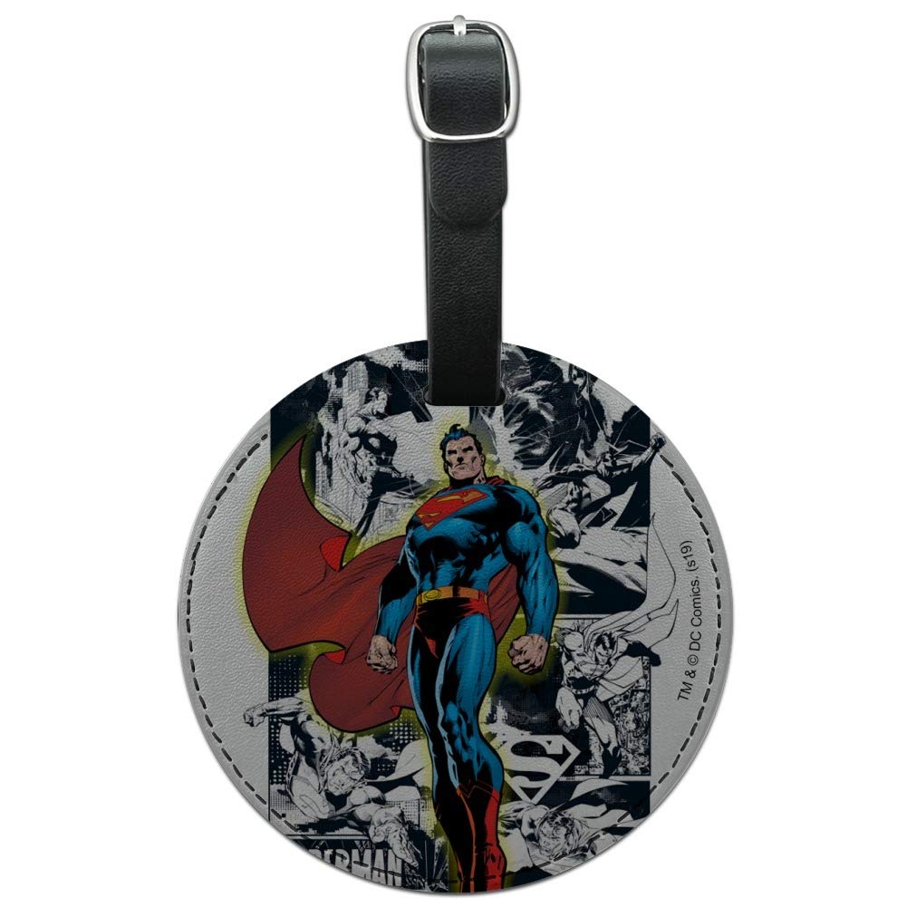 Superman Glowing Aura Leather Luggage Tag - Round Carry-On ID Tag for Suitcases & Travel Bags - Perfect for Airports, Business Trips & Vacation Travel Accessories