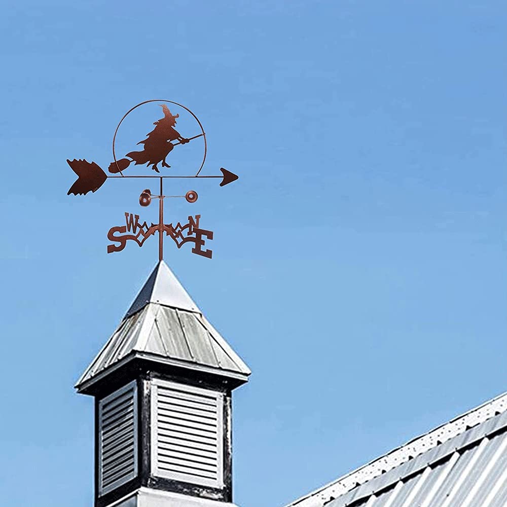 Cast Iron Witch on Broomstick Weathervane - Rustic Roof Mount Wind Direction Indicator for Garden, Yard & Home Decor | Perfect for Halloween, Witch-Themed Parties & Gothic Outdoor Decorations