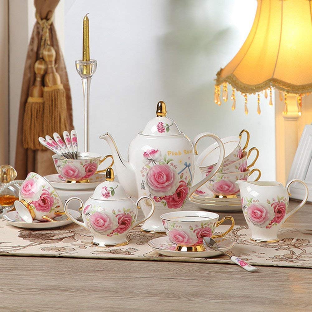 21-Piece Bone China Tea Set - 6 Coffee Cups with Saucers & Spoons, 1000ml Coffee Pot, Milk Jug, Sugar Bowl - Elegant Pink Rose Floral Design - Perfect for Afternoon Tea, Bridal Shower & Housewarming Gifts - Includes Gift Box