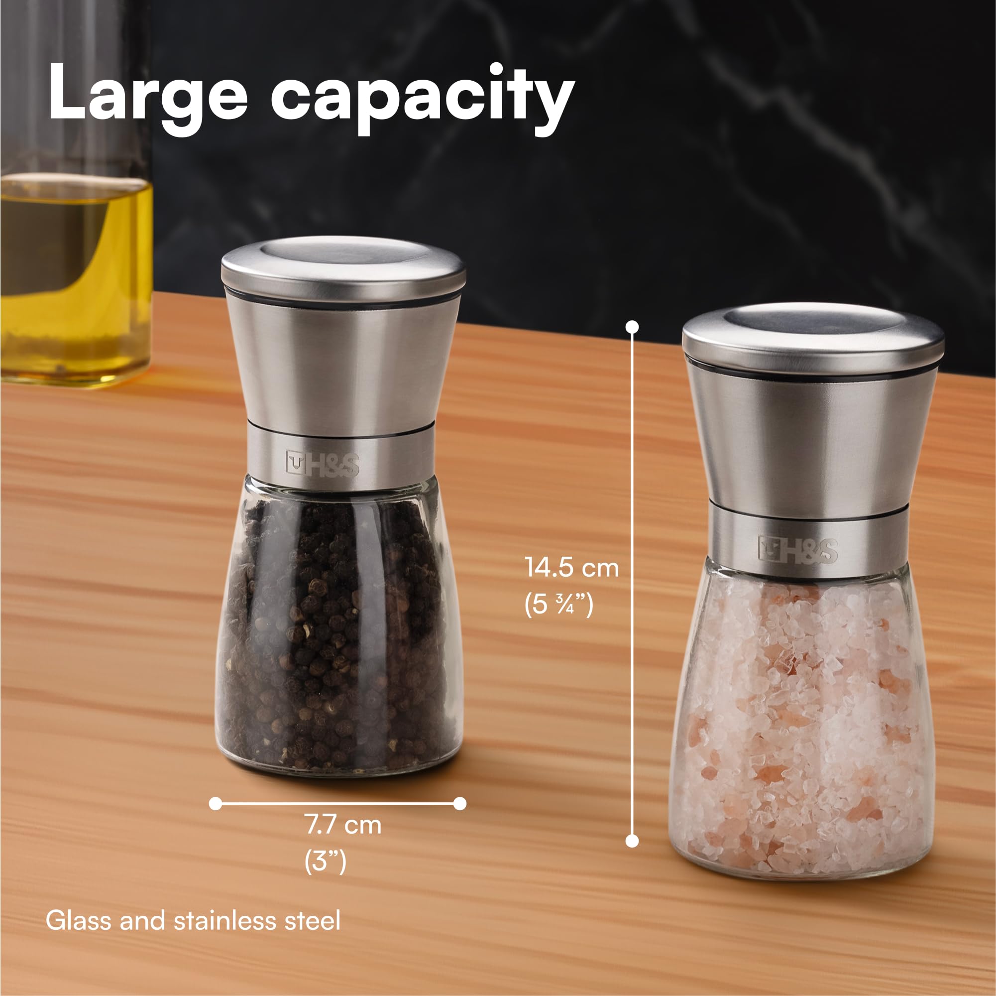 Premium H&S Salt and Pepper Grinder Set - Manual Adjustable Coarseness Mill for Kitchen - Glass & Stainless Steel Spice Shakers - Easy Fill Large Capacity - Perfect for Cooking, Dining & Gourmet Seasoning