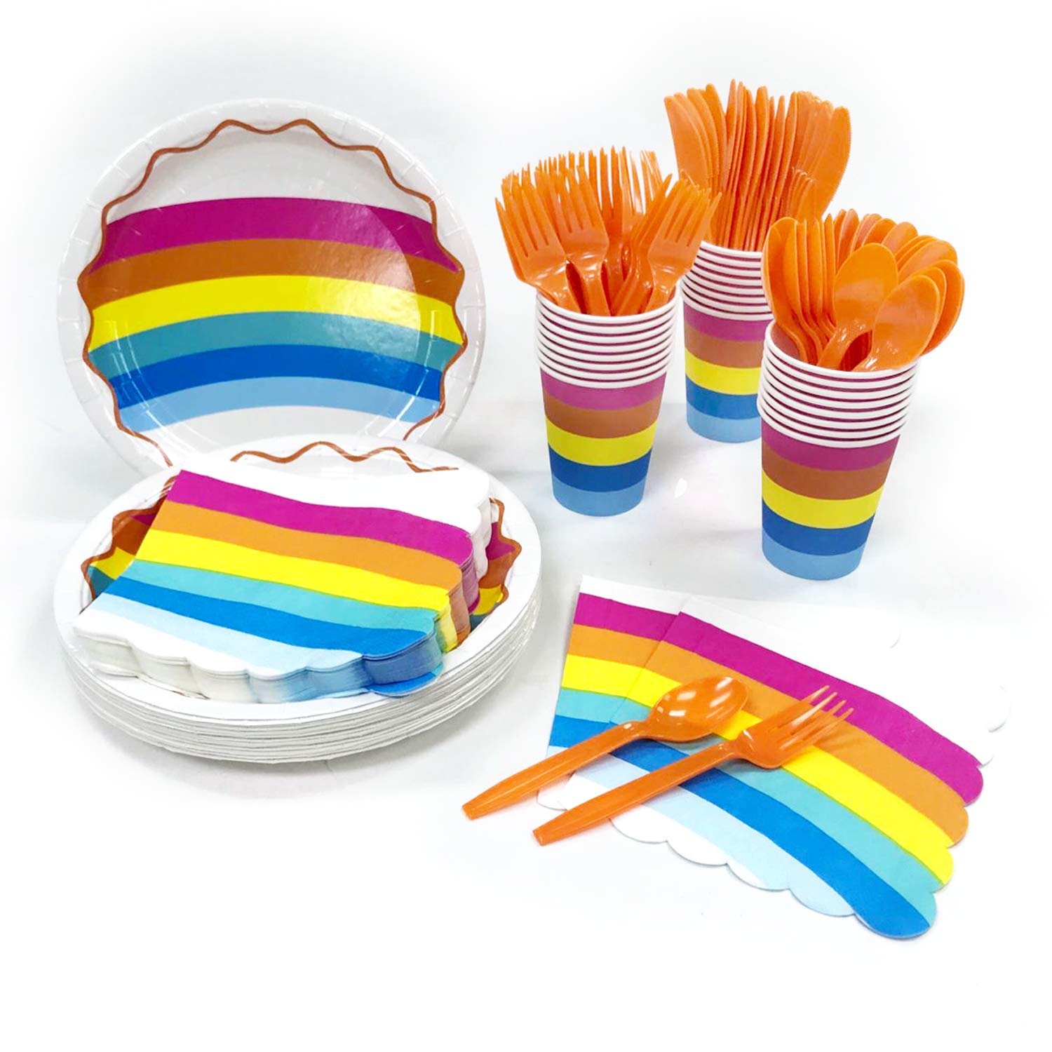 Rainbow Party Supplies Pack for 24 Guests - 144 Piece Set with Dinner Plates, Cups, Napkins & Cutlery | Perfect for Birthday Parties, Baby Showers & Holiday Celebrations