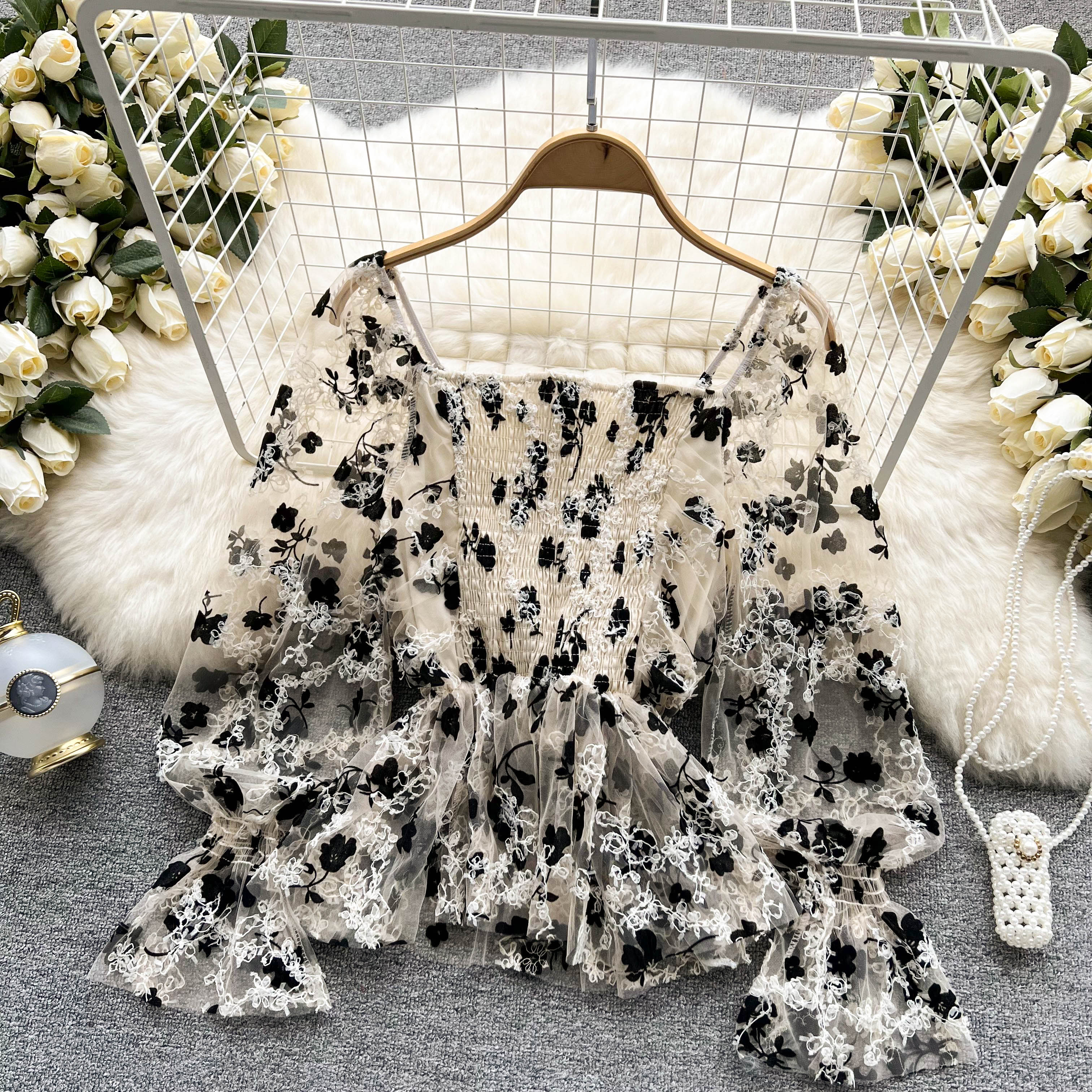 Fairy Black Floral Lace Top - Square Neck Cropped Blouse for Women | Summer Boho Chic Shirt for Date Night & Outdoor Events