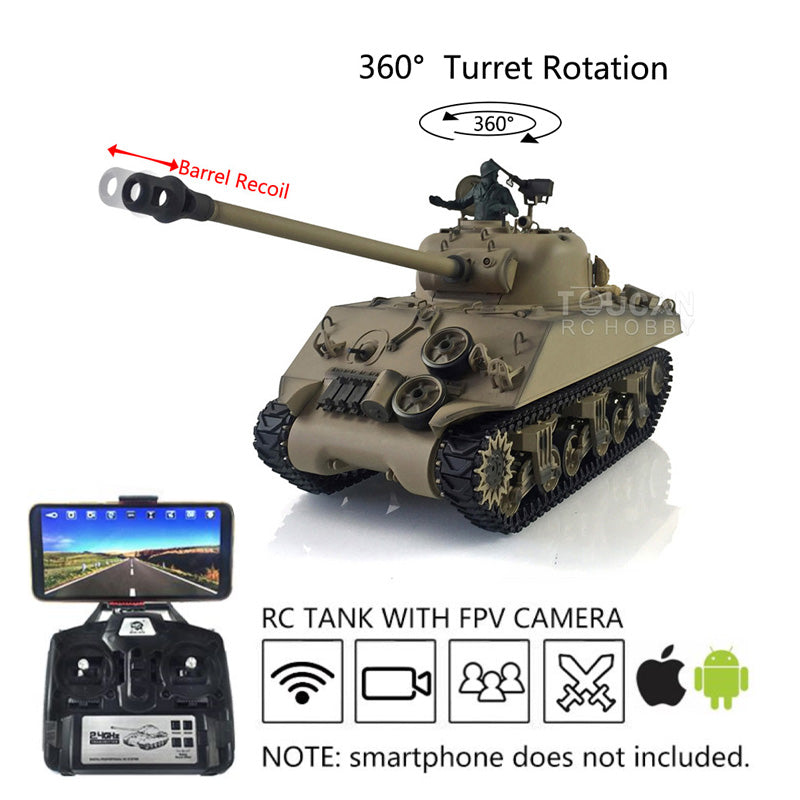 1/16 Henglong M4A3 Sherman RC Tank - 7.0 Plastic Model with 360° Rotating Turret, FPV Barrel Recoil & Steel Gearbox | Realistic Smoke Effects | Perfect Gift for Boys & Military Enthusiasts | Battle Simulation & Outdoor Play