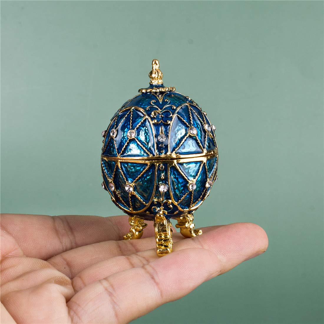 Exquisite Blue Faberge Egg Trinket Box - Hand-Painted Collectible Jewelry Box with Crystal Accents & Hinged Lid - Perfect for Easter Gifts, Jewelry Storage & Home Decor