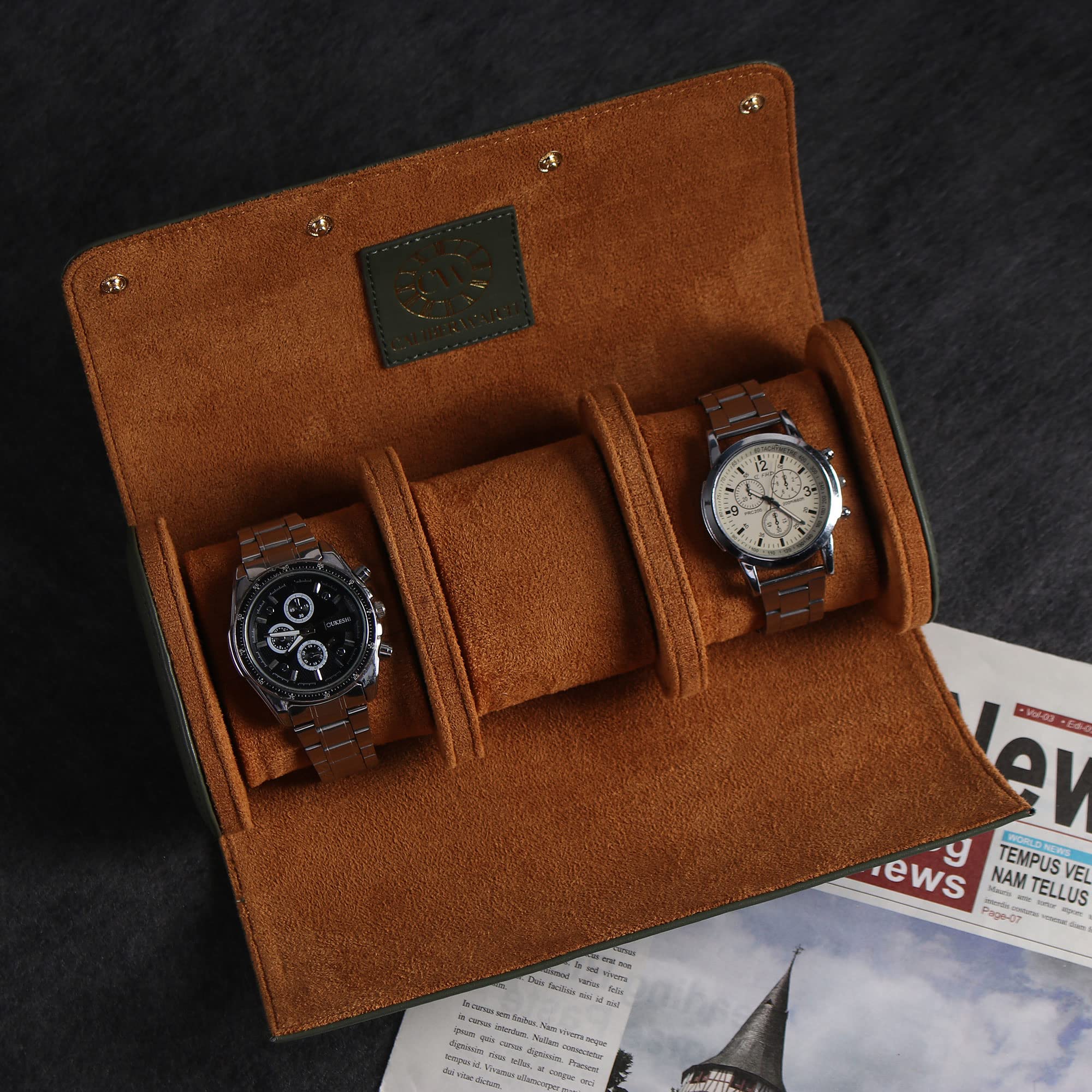 Premium Genuine Napa Leather Watch Roll Case for 3 Watches - Luxury Travel Watch Storage Organizer with Velvet Lining - Men's Watch Display Case by CALIBERWATCH - Perfect for Business Travel, Watch Collectors & Gift Giving