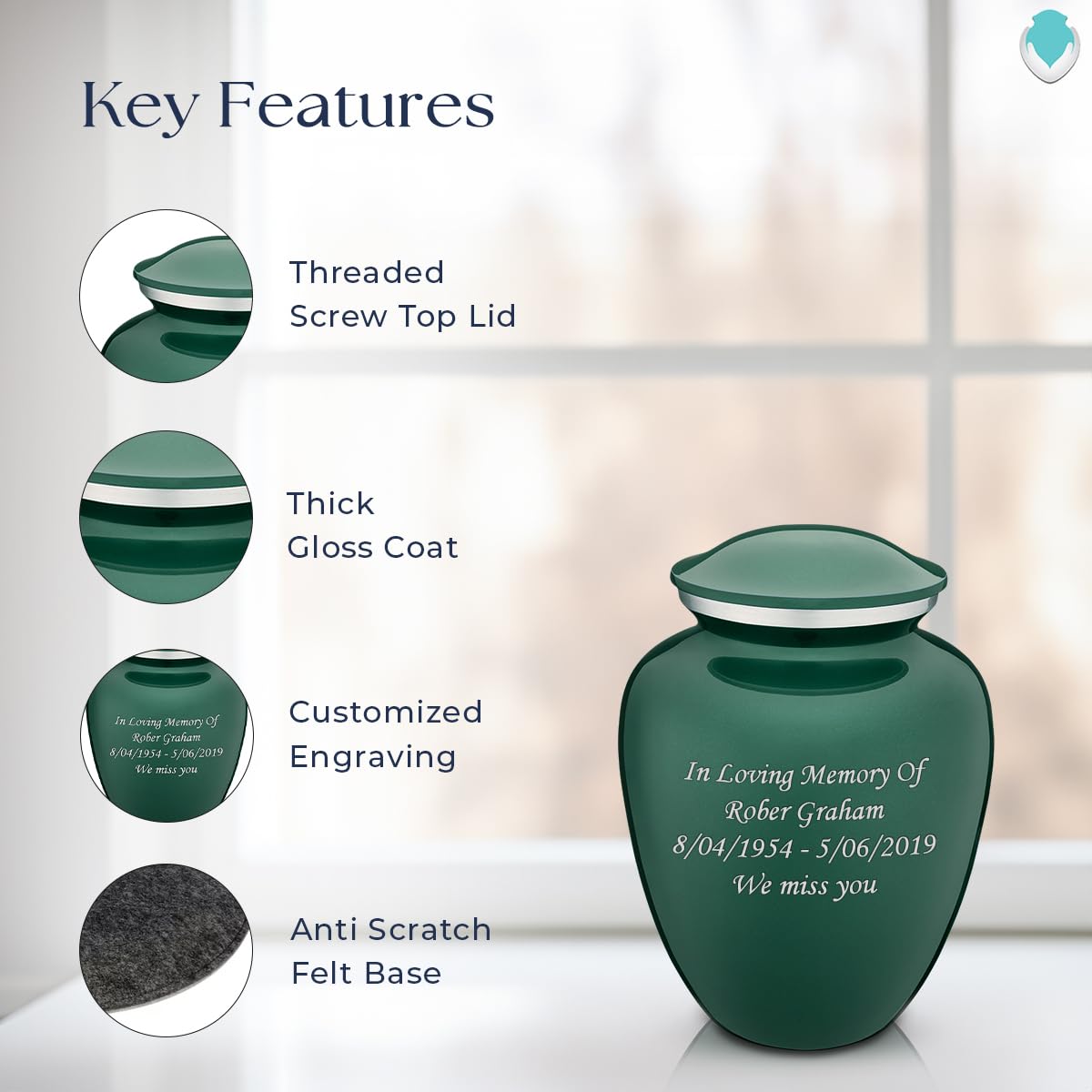 Personalized Cremation Urns for Human Ashes - Small Green Funeral Urn for Women & Men - Holds 44 lbs - Perfect for Memorial Services, Home Display & Eco-Friendly Burials