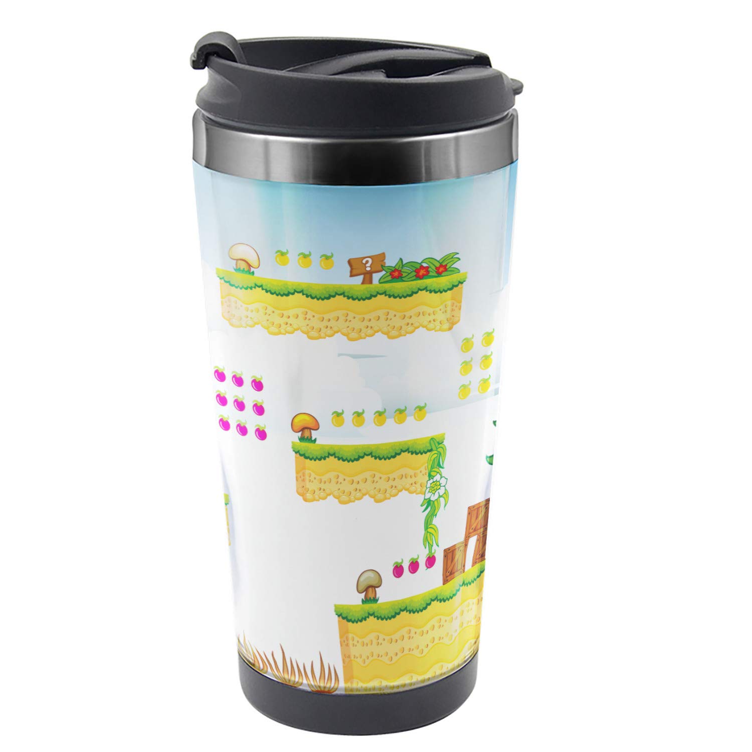 Ambesonne Retro Video Games Travel Mug - 16 oz Stainless Steel Thermal Cup with Cartoon Computer Graphic & Western Design - Perfect for Gamers, Office, Travel & Outdoor Adventures
