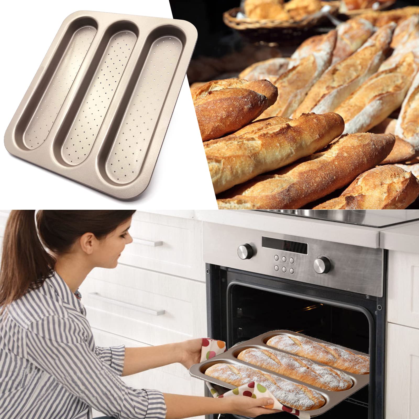 Premium Carbon Steel Perforated Baguette Pan - 3 Cavity French Bread Mold for Baking Long Loaf, Toast & Cake | Nonstick Bocadillo Tray | Oven-Safe Bakeware for Professional & Home Bakers | Perfect for Artisan Bread, Sandwiches & Party Appetizers