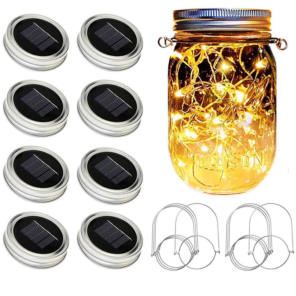 8 Pack Solar Mason Jar Lights - 20 LED Waterproof Fairy String Lights with Hangers (Jar Lids Only, No Jars Included) - Warm White Outdoor Decoration for Patio, Garden, Wedding & Backyard Parties