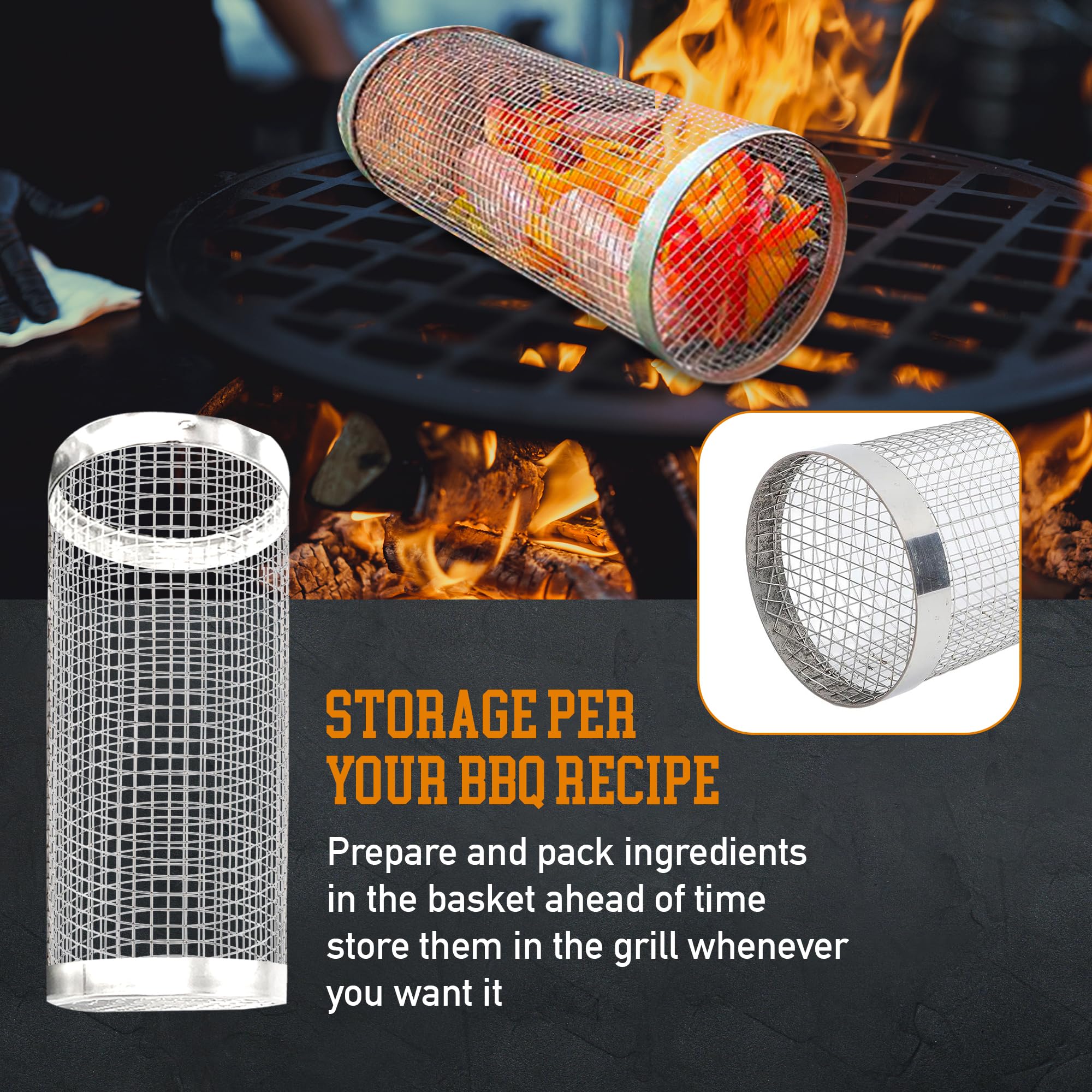 Premium Stainless Steel Grill Baskets Set of 2 - Heavy Duty Rolling BBQ Baskets for Fish, Vegetables, Meat & More - Includes 2 Forks, 2 Hooks, Spray Bottle & 4 Brushes - Perfect for Outdoor Grilling, Camping, Picnics & Backyard BBQs