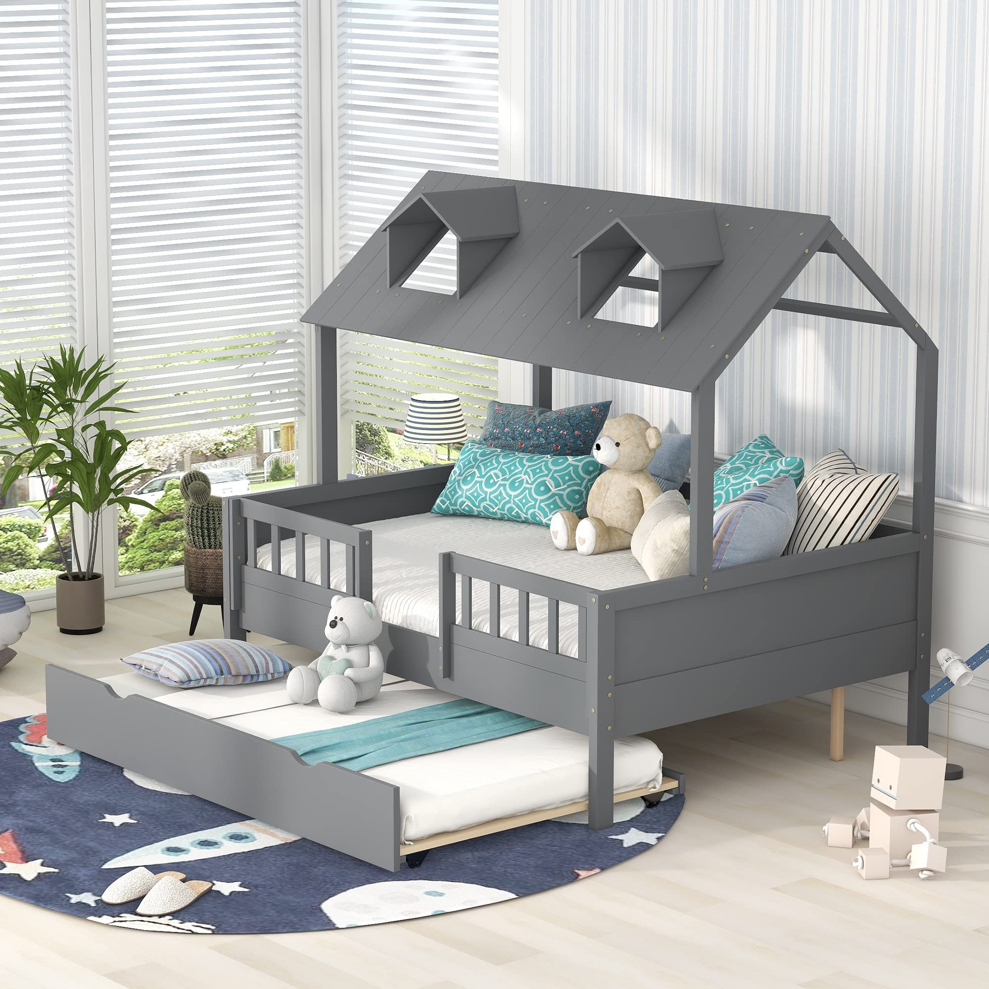 MERITLINE Full House Wooden Platform Bed Frame with Trundle and Roof - Gray Twin/Full Size Kids Bed for Boys & Girls | Perfect for Small Bedrooms, Playrooms and Sleepovers