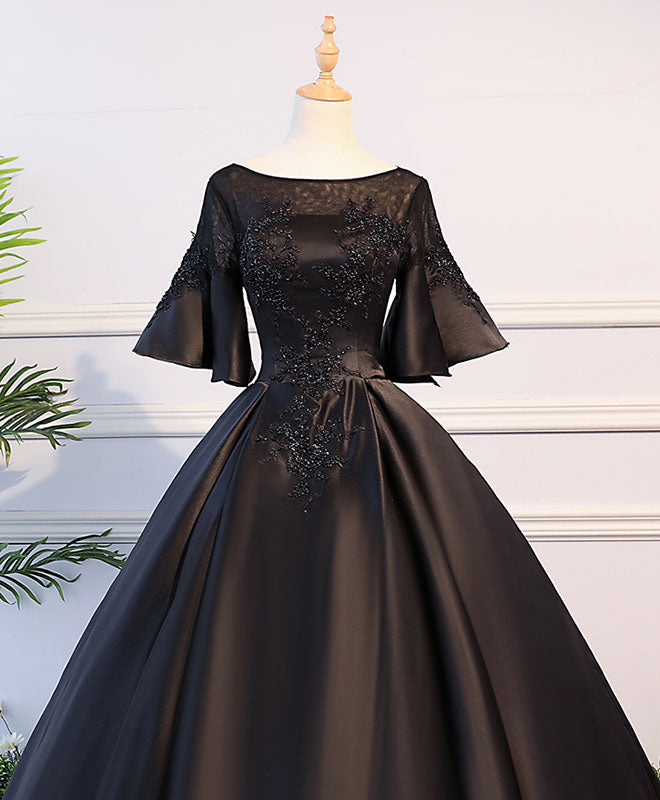 Elegant Black Round Neck Satin Lace Long Prom Dress for Sweet 16 | Formal Evening Gown for Homecoming, Quinceañera & Special Occasions