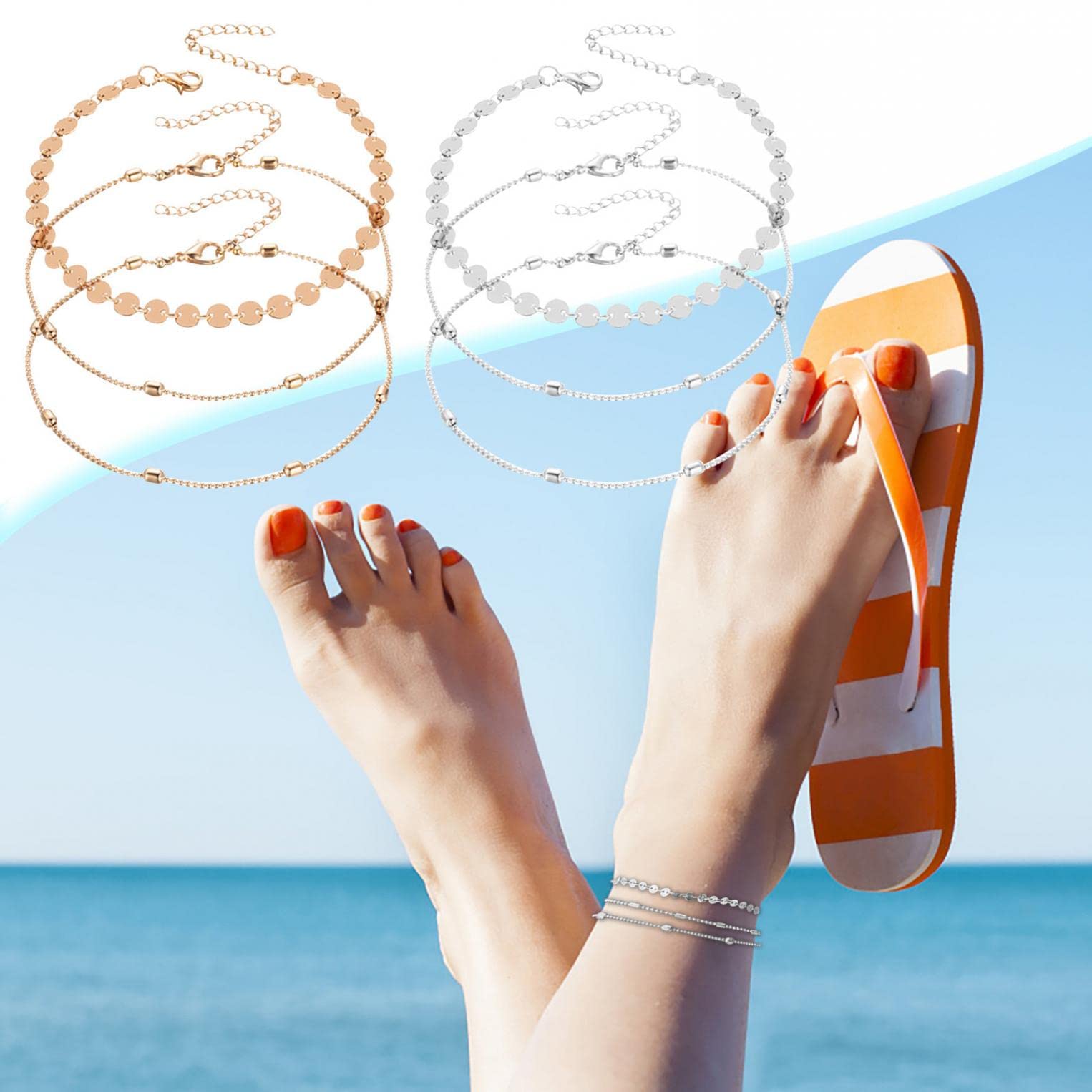3-Layer Beaded Anklet for Women & Girls - Summer Beach Foot Jewelry Set, Boho Ankle Bracelet, Minimalist Foot Chain for Vacation, Pool Party, Wedding Accessories