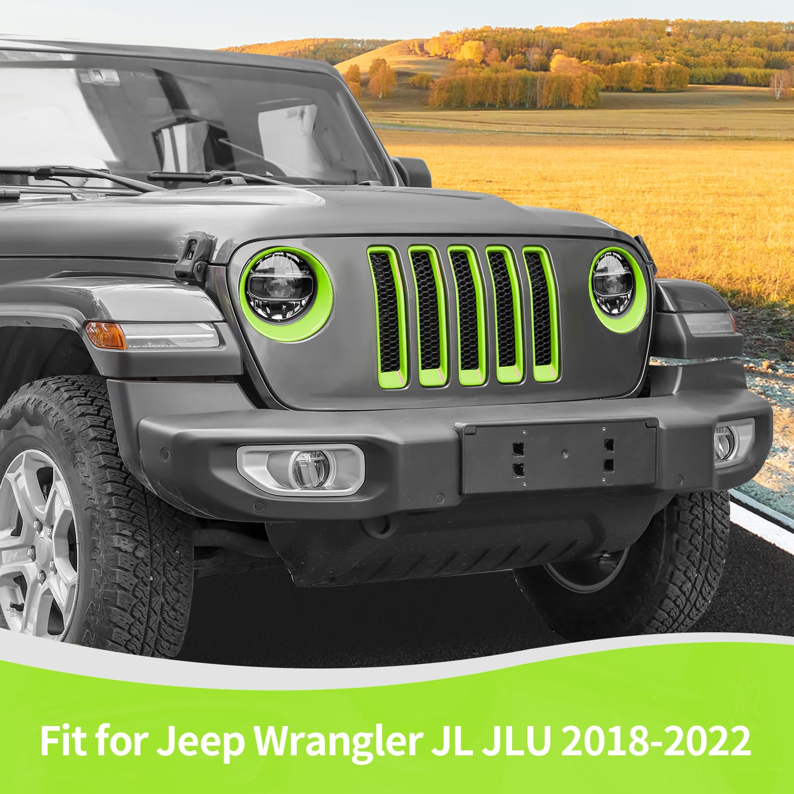 RT-TCZ Mesh Front Grille Grill Insert & Headlight Cover Trim for Jeep Wrangler JL/JLU (2018-2022) - 9-Piece Green Exterior Accessories Kit for Off-Road Protection & Style Enhancement