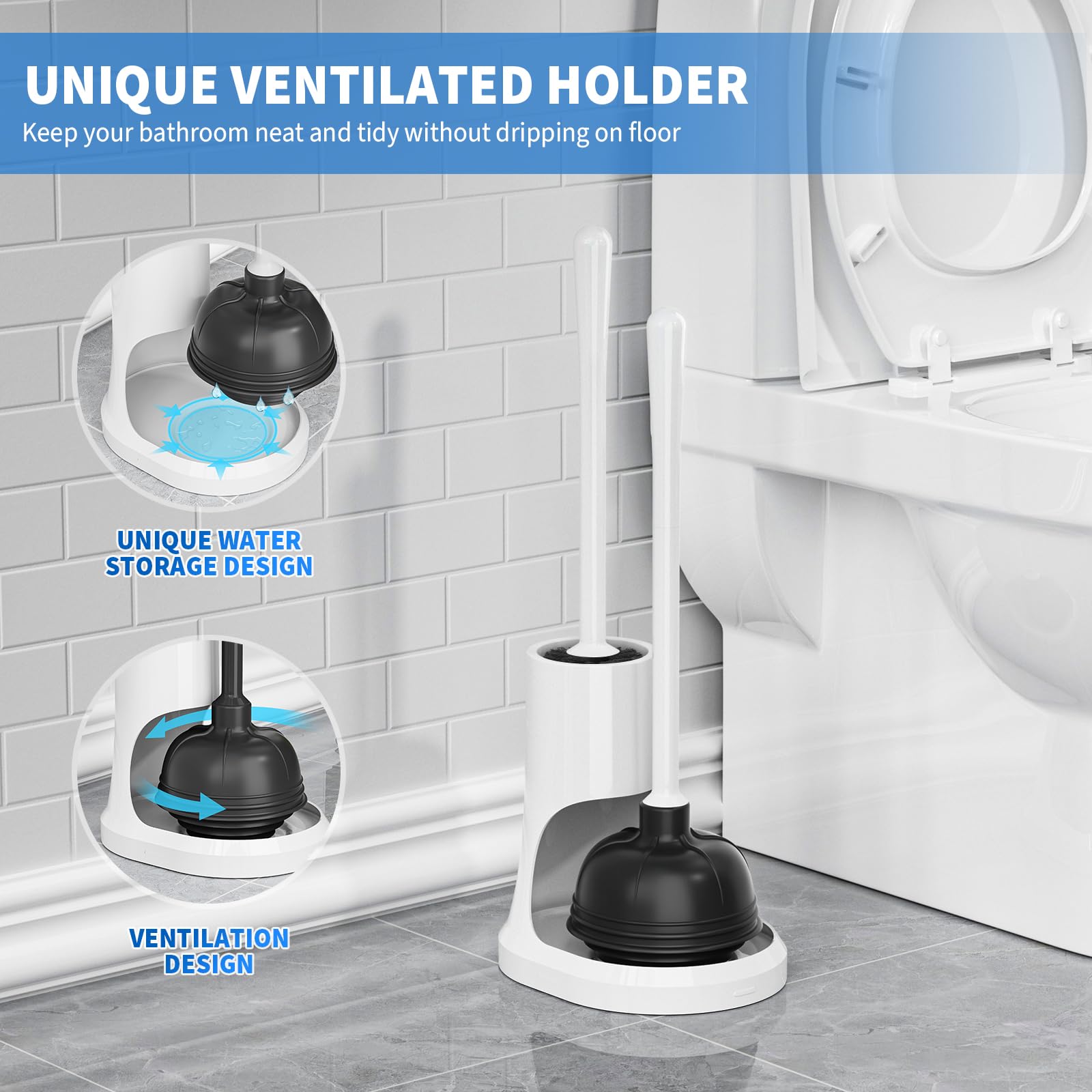Uptronic 2-in-1 Toilet Plunger and Brush Set with Holder - Heavy Duty Bathroom Cleaning Combo with Modern Caddy Stand (White, 2 Pack) - Perfect for Toilet Cleaning, Bathroom Maintenance & Home Hygiene