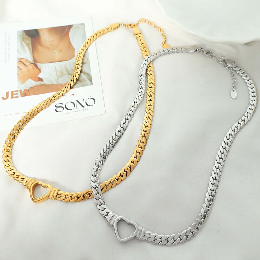 18K Gold Curb Chain Heart Choker Necklace for Women - Elegant Layered Necklace Jewelry Gift for Valentine's Day, Anniversary & Special Occasions | P621