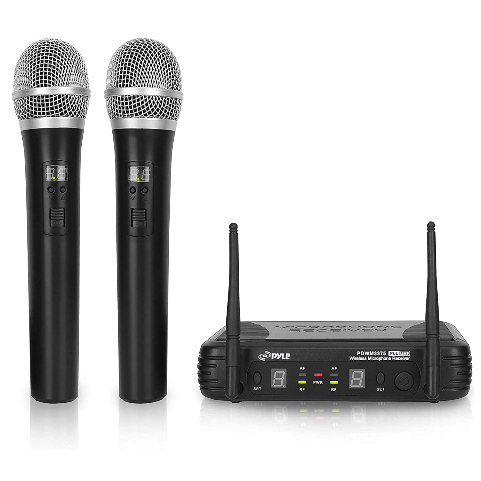 Pyle Professional Wireless Handheld Microphone System - Dual UHF Band Wireless Mic with 2 Handheld Mics, 8 Selectable Frequencies, Independent Volume Control | Ideal for Karaoke, Live Performances, Public Speaking & Events