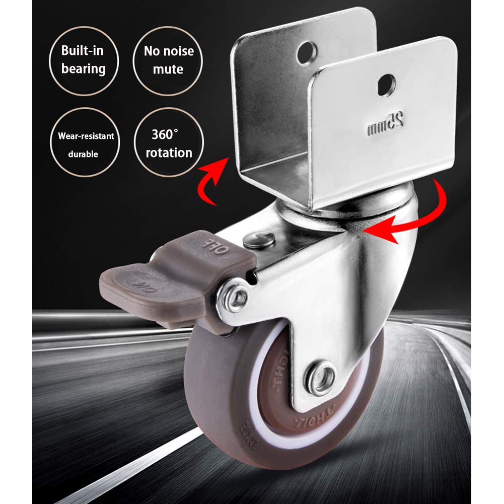 Heavy Duty 2 Inch (50mm) U-Shaped Bracket Crib Casters with Brake - 4 Pack Silent Swivel Rubber Wheels for Wooden Furniture (120kg Load Capacity, 25mm Groove Size) - Perfect for Baby Cribs, Office Chairs, and Rolling Furniture