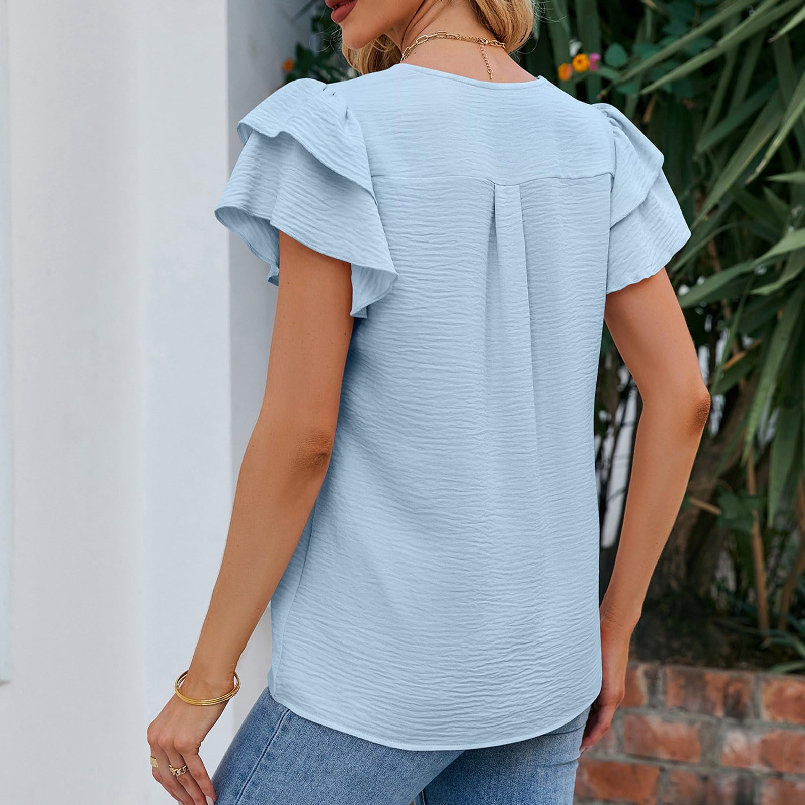 Women's Chiffon Ruffle Sleeve V-Neck T-Shirt - Summer Casual & Work Blouse with Dressy Short Sleeves - Perfect for Office, Date Night, and Weekend Outings