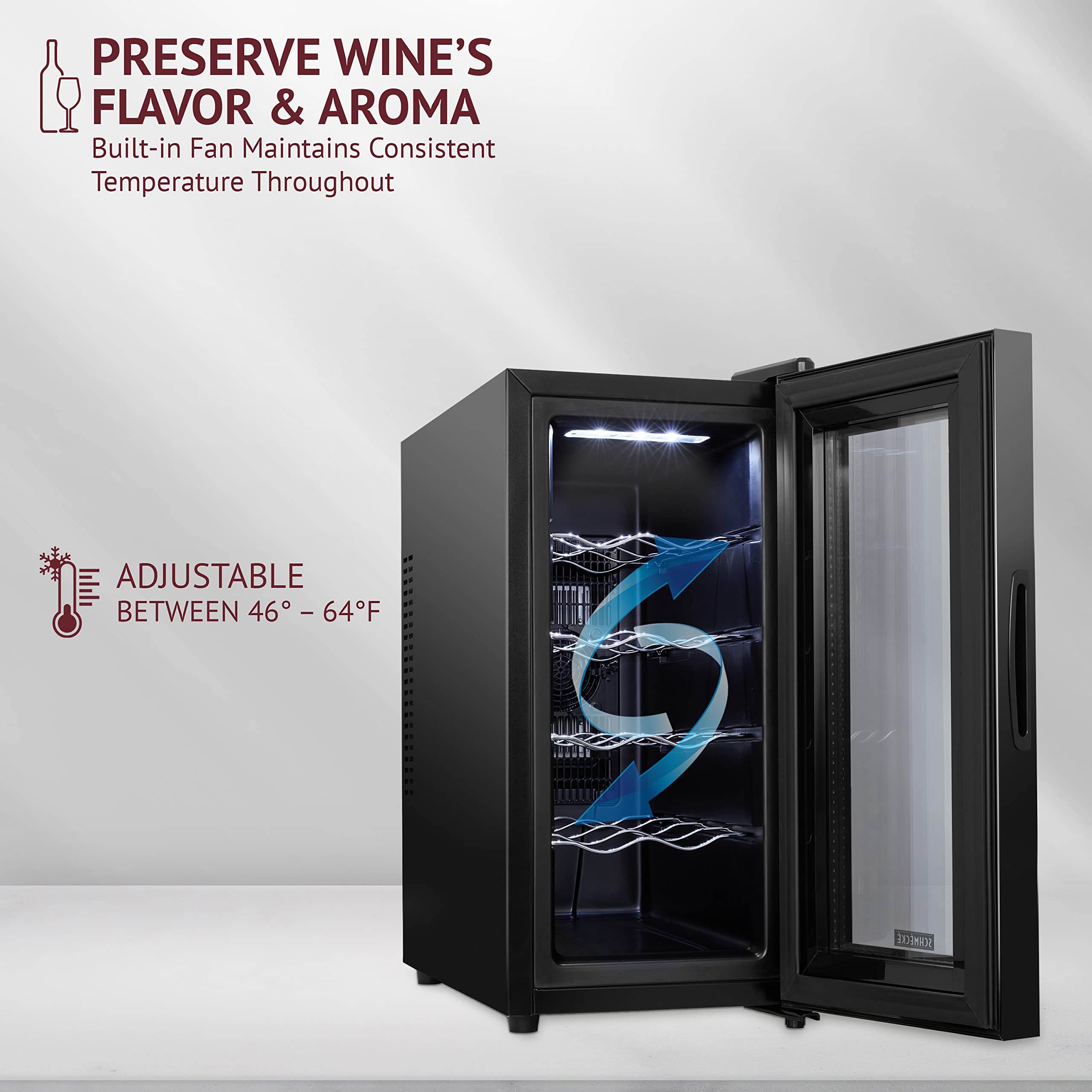 Schmécké 10-Bottle Thermoelectric Wine Cooler & Chiller - Freestanding Countertop Wine Fridge with Digital Temperature Display, Smoked Glass Door & Quiet Operation - Perfect for Home Bars, Kitchens & Entertaining (Red & White Wine Storage)