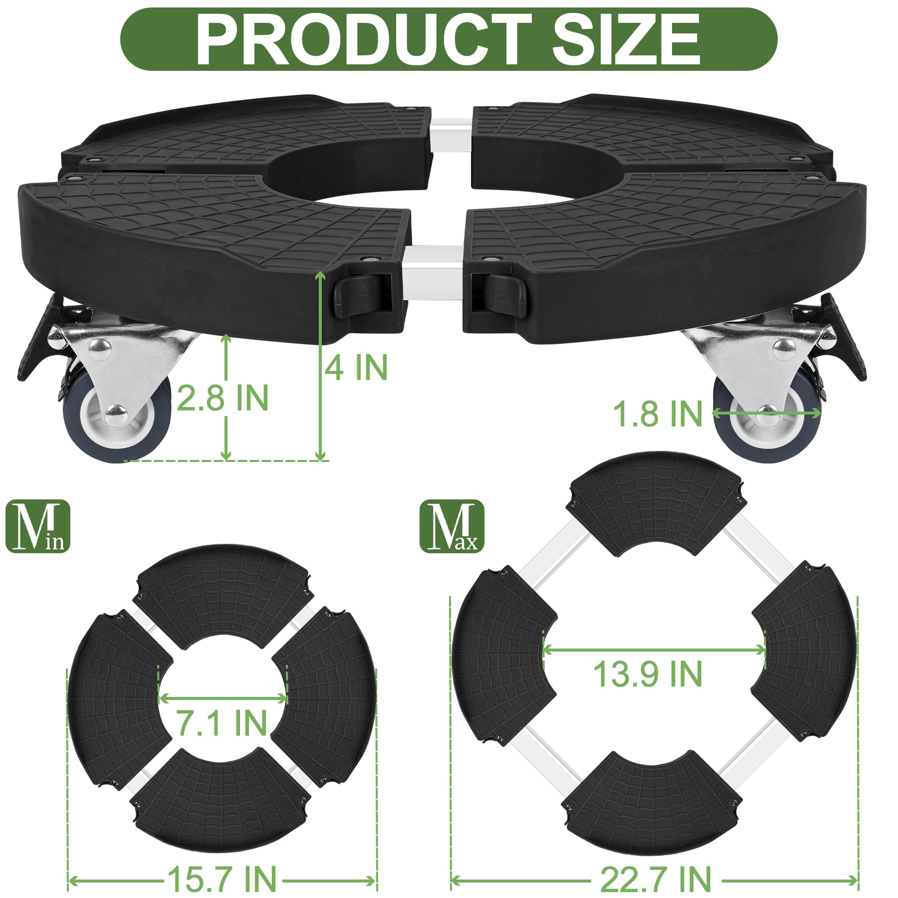 2 Pack Heavy Duty Rolling Plant Stands with 360° Wheels - Adjustable 15-22 Inch Plant Caddy with Casters, 440lbs Capacity for Large Planters, Garden Pots & Flower Pots (Black) - Perfect for Indoor/Outdoor Plant Movement & Decoration