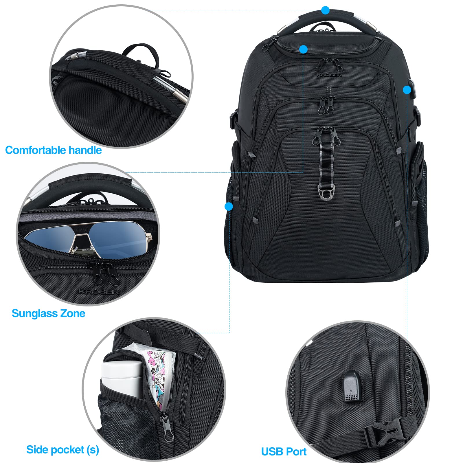 KROSER 18.4 Inch XXXL Travel Laptop Backpack - Water-Resistant Hard Shell Gaming Backpack with RFID Protection & Saferoom Pockets - Stylish Business College Daypack for Men & Women (Black) - Perfect for Work, School, Travel & Commuting