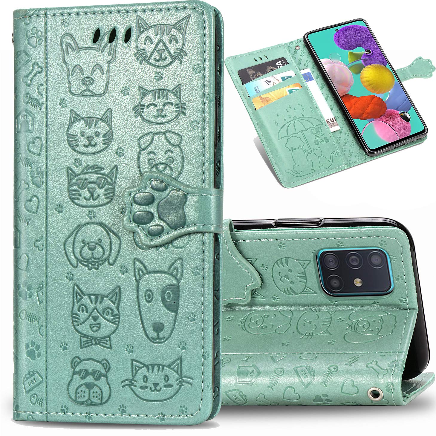 Samsung Galaxy A51 Wallet Case with Card Holder - Cute Cat & Dog Cartoon PU Leather Flip Cover with Kickstand (Not for 5G Model) - Perfect for Women's Daily Use, Commuting & Travel Accessories (MG Green)