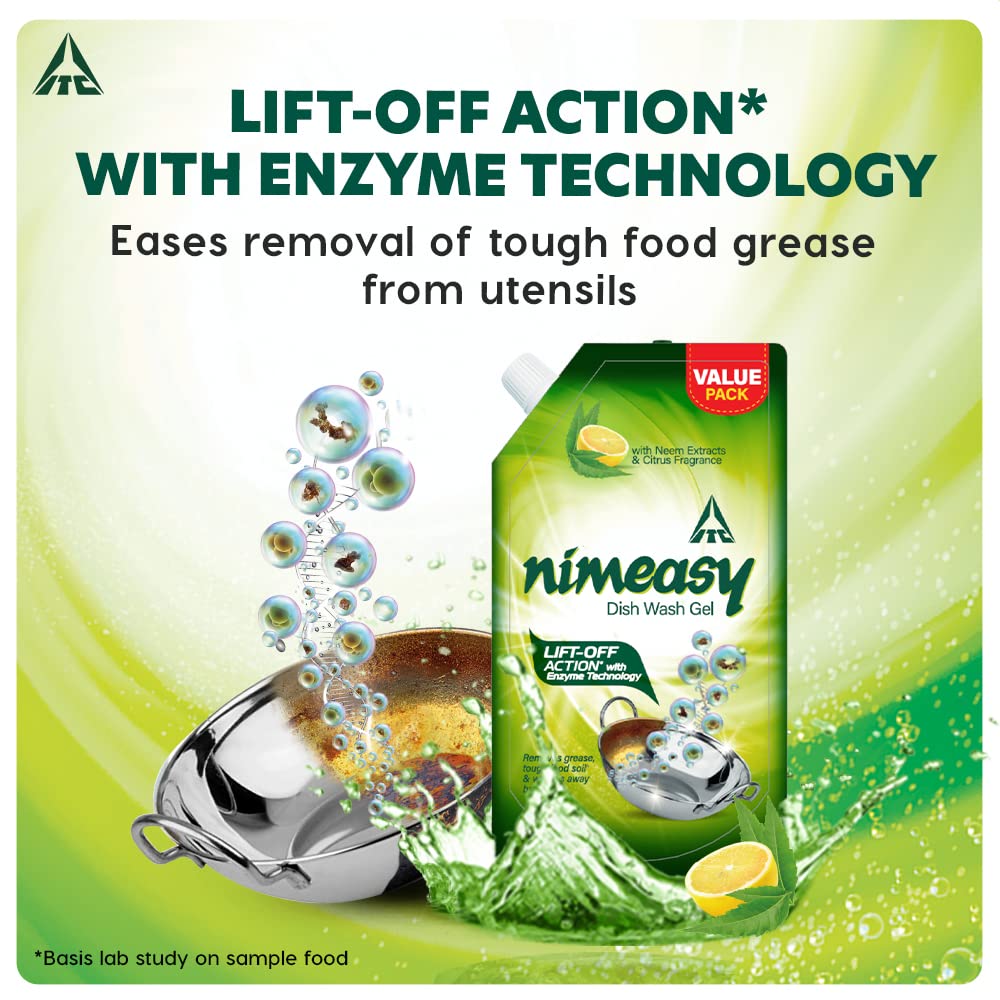 Nimeasy Dishwashing Liquid Gel Refill Value Pack - 900ml Enzyme-Powered Kitchen & Utensil Cleaner with Neem Extracts & Citrus Fragrance | Tough Grease Removal for Pots, Pans & Dishes