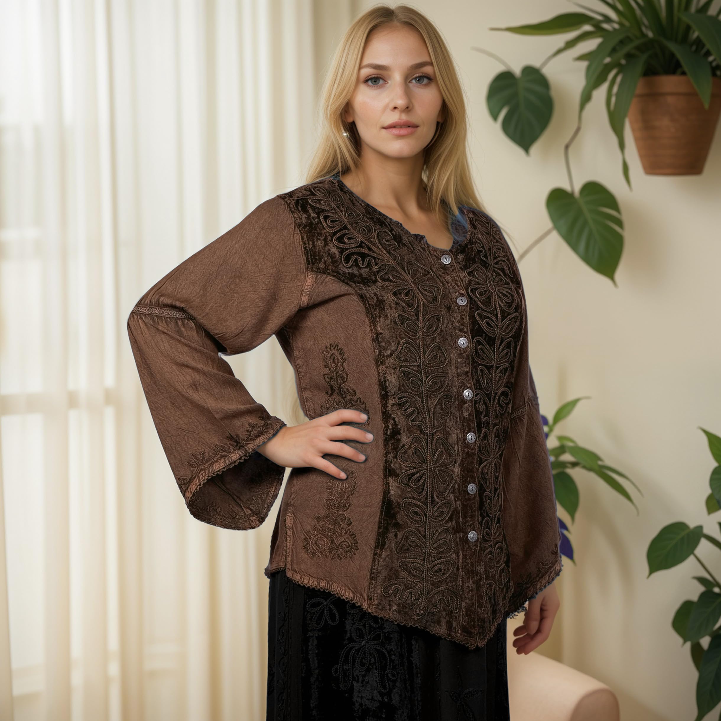 Agan Traders 2025 Spring Winter Women's Long Sleeve Velvet Blouse - Vintage Renaissance Button Down Embroidered Top for Casual Wear & Special Occasions