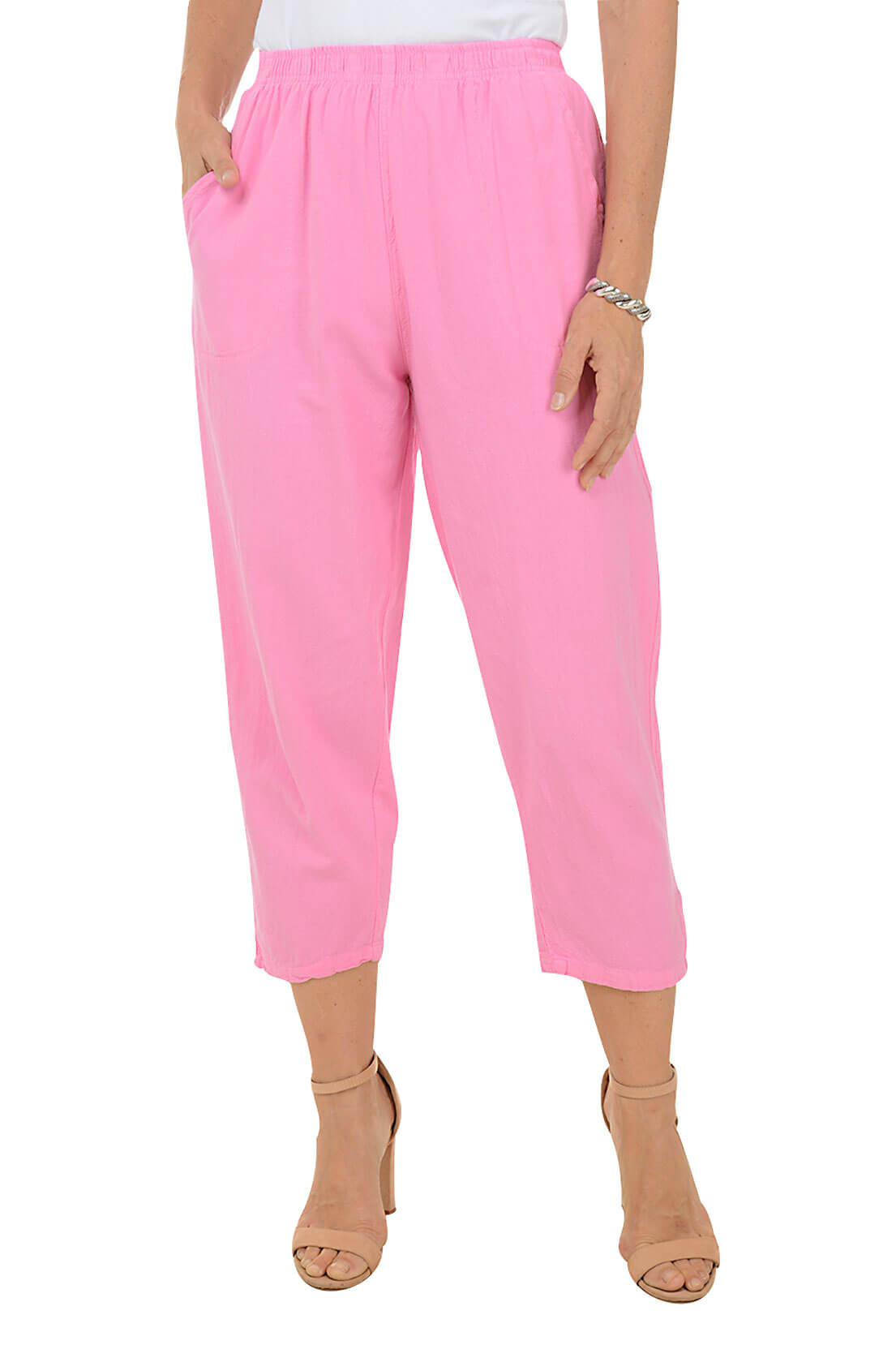 Crinkle Button Tab Crop Pants for Women - High Waisted Casual Trousers with Elastic Waistband - Perfect for Work, Travel & Everyday Wear