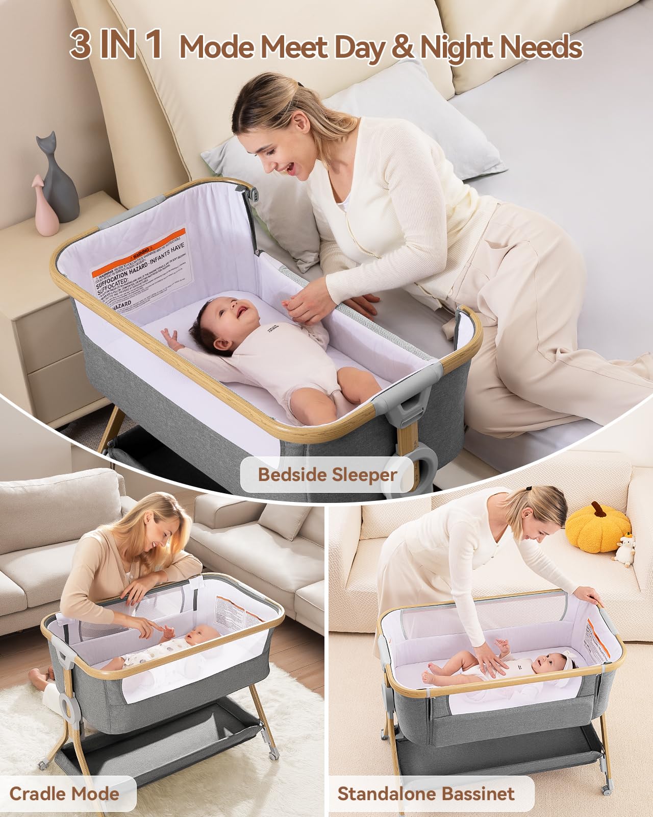 Larex Adjustable Baby Bassinet Bedside Sleeper - Portable Crib with Storage Basket & Wheels for Newborns & Infants | Easy Fold Assembly | Grey | Perfect for Nursery, Bedroom & Travel