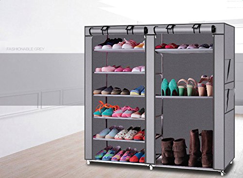 Double Row 9-Slot Shoe Organizer Cabinet - Space Saving Storage for Heels, Sneakers & Flats | Perfect for Entryway, Closet & Bedroom Organization (Gray)