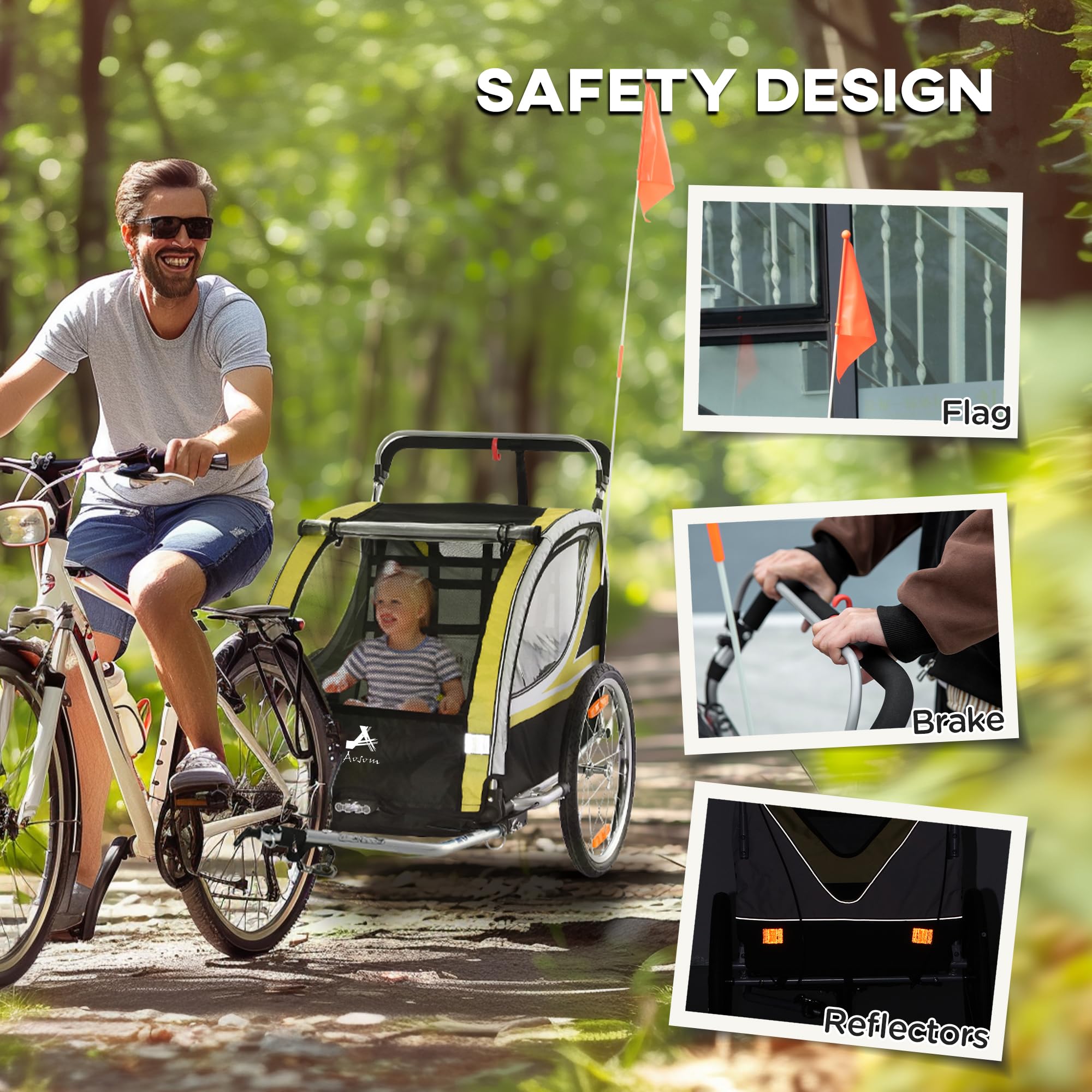 **Aosom 2-in-1 Double Baby Jogging Stroller & Bike Trailer for Kids & Toddlers – Handbrake, 5-Point Harness, Waterproof Cover, Storage Bag, Safety Flag & Reflectors – Perfect for Outdoor Adventures, Running & Biking**