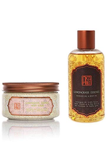 AKALIKO Lemongrass Essence Body Scrub & Massage Oil Set - Exfoliating & Moisturizing for Smooth Skin | Spa, Relaxation & Self-Care Gift Idea