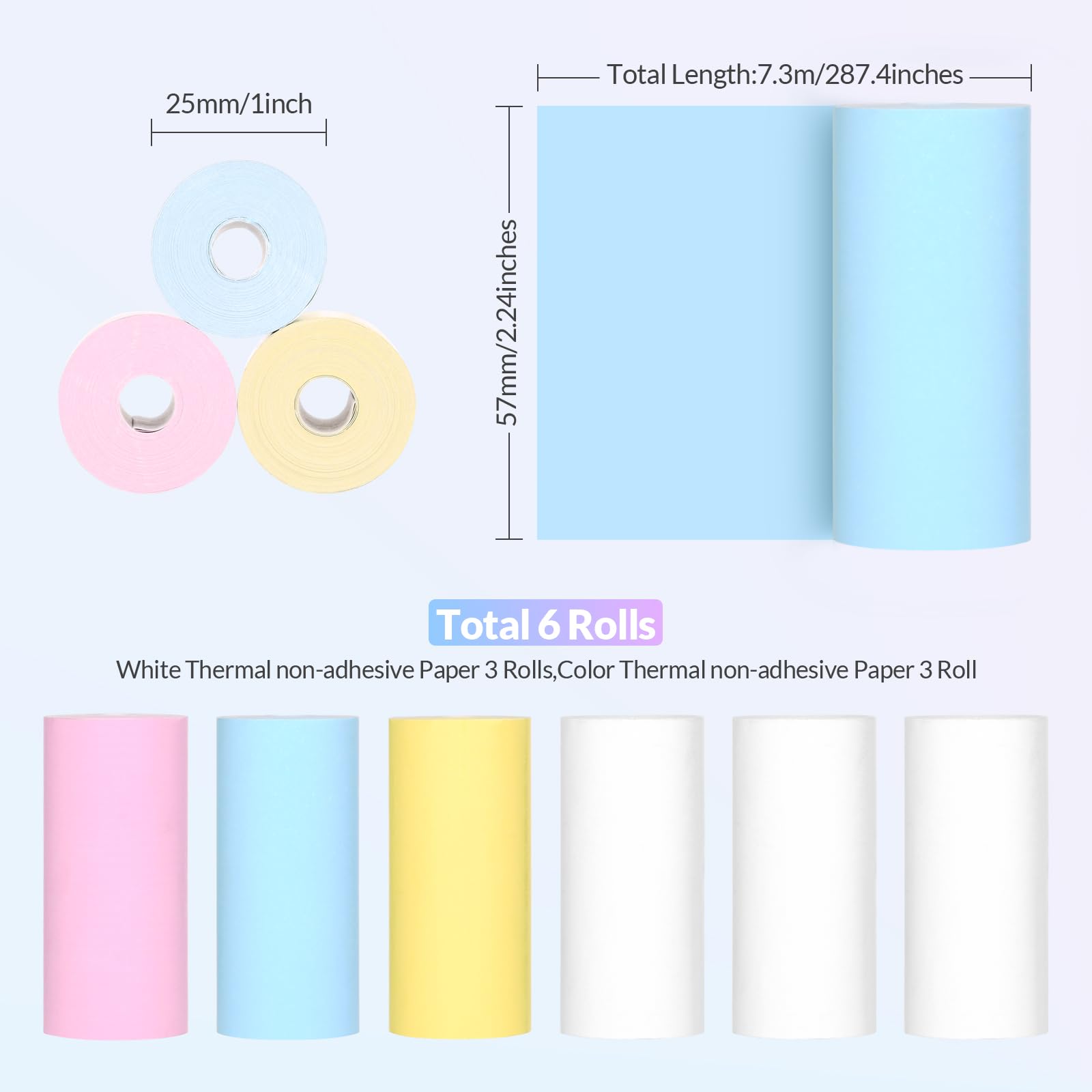 6 Rolls Non-Adhesive Thermal Mini Printer Paper (3 White & 3 Colorful) - 57x25mm for Mafiti X6 Mini Pocket Printer | Portable Labeling for Home, Office & Travel Organization