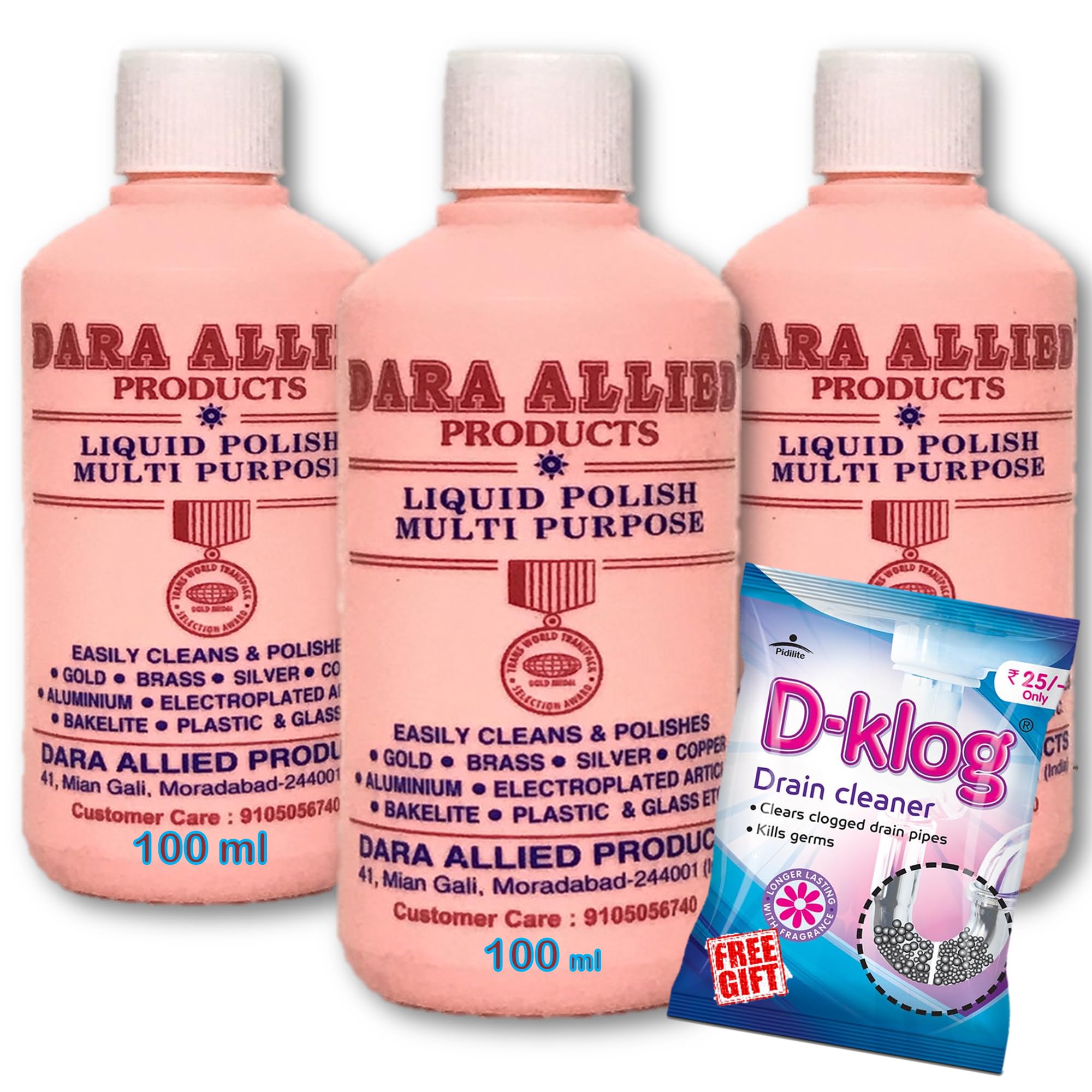 Premium Dara Allied Liquid Polish - Brass, Silver & Copper Cleaner Kit (3 x 100ml) with Green Scrub Pad | Jewelry, Antique & Household Metal Restoration