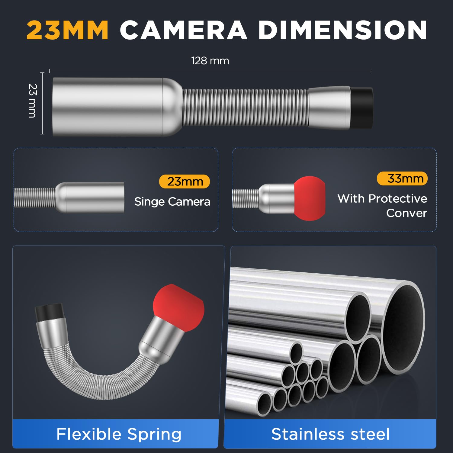 Self-Leveling Sewer Camera Head 0.9inch/23mm - IP68 Waterproof Pipe Inspection Camera with 12 LED Lights, Stainless Steel Replacement Head Compatible with Anysun, HBUDS, PRANITE - Perfect for Drain Pipe Inspection, Plumbing Maintenance & Sewer Line Repair