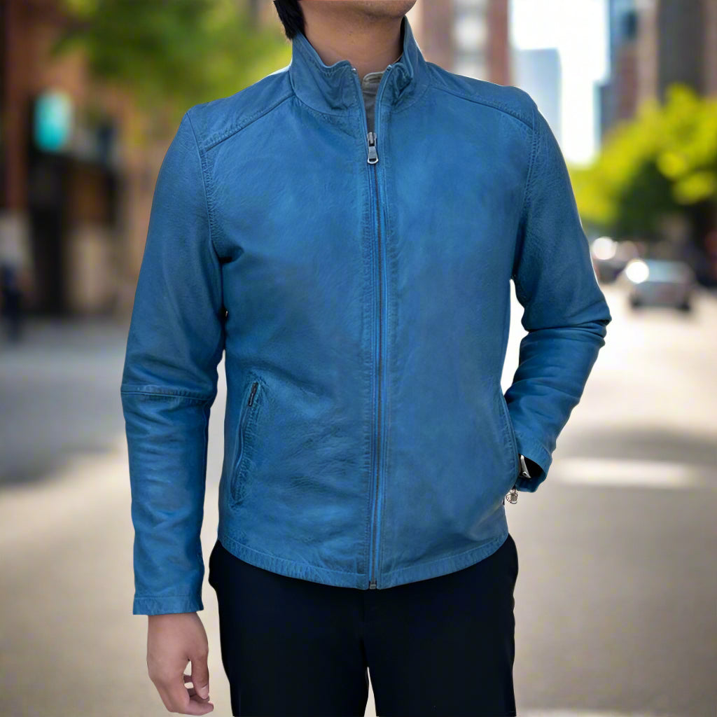 Premium Men's Genuine Sheep Leather Jacket - Classic Stand Collar Design with 2 Functional Pockets | Perfect for Casual Outings, Motorcycle Riding & Winter Fashion